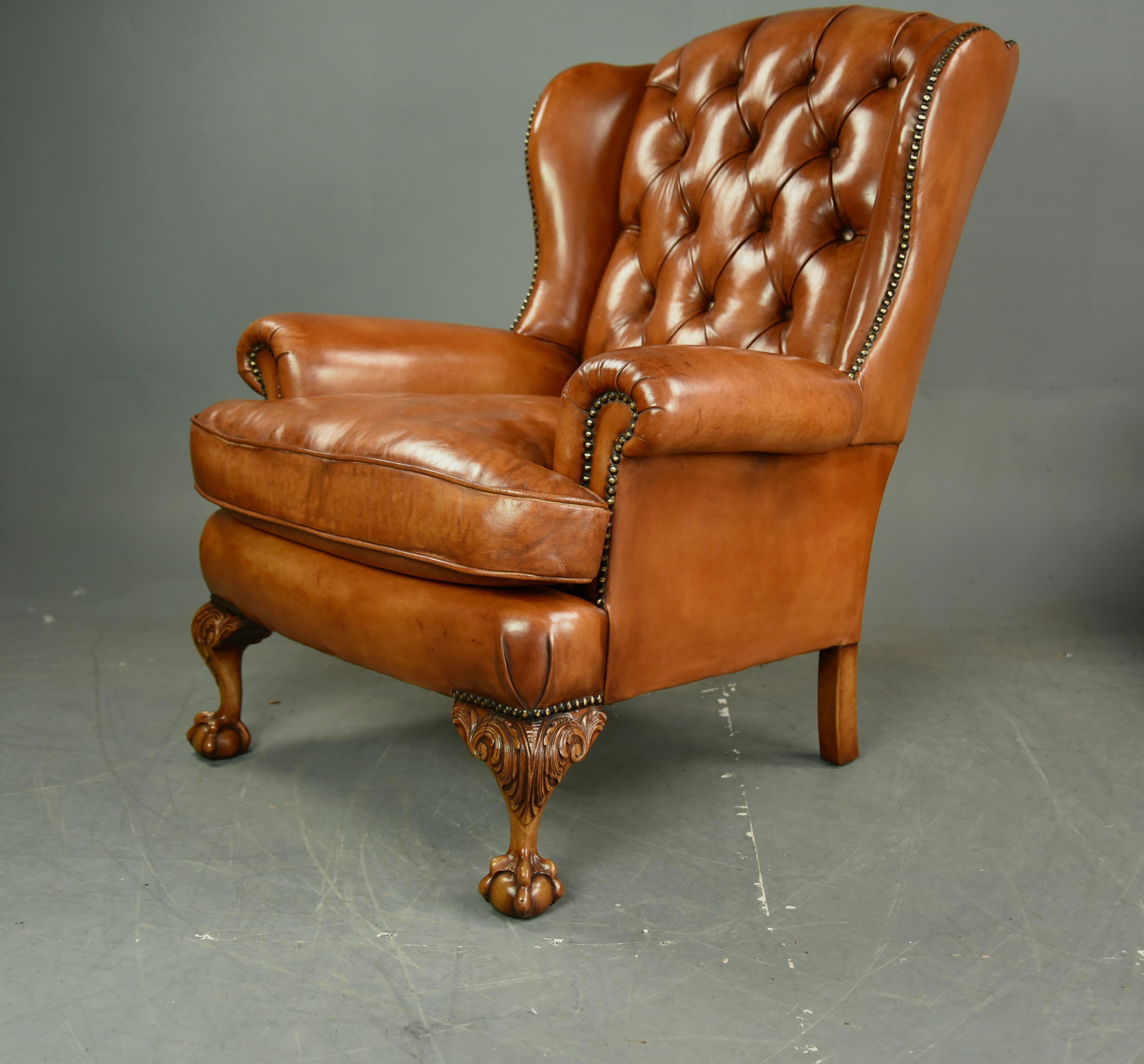 English Antique Pair of Leather Wing Chairs 