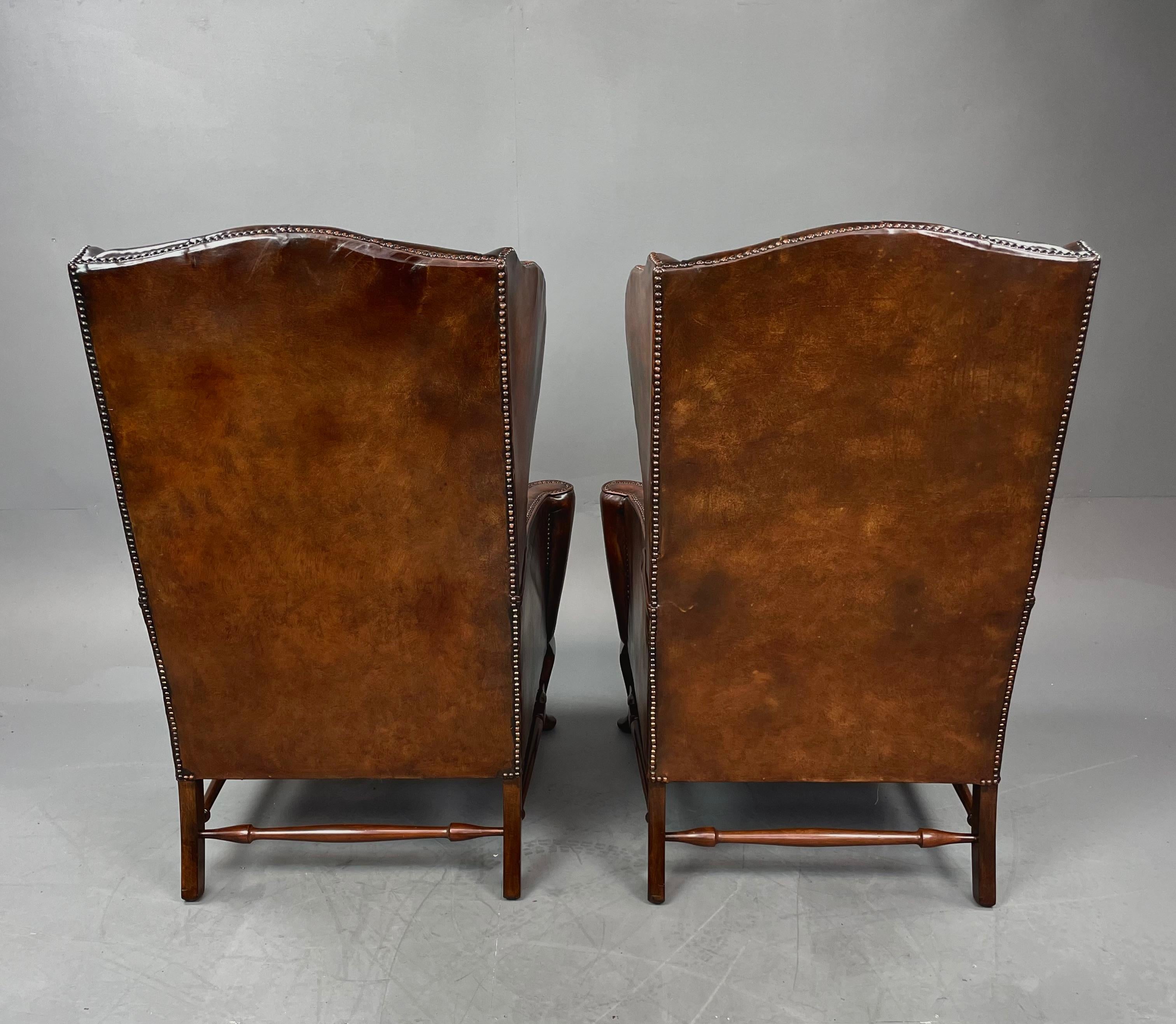 Antique Pair of Leather Wing Chairs In Excellent Condition In Chelmsford, GB