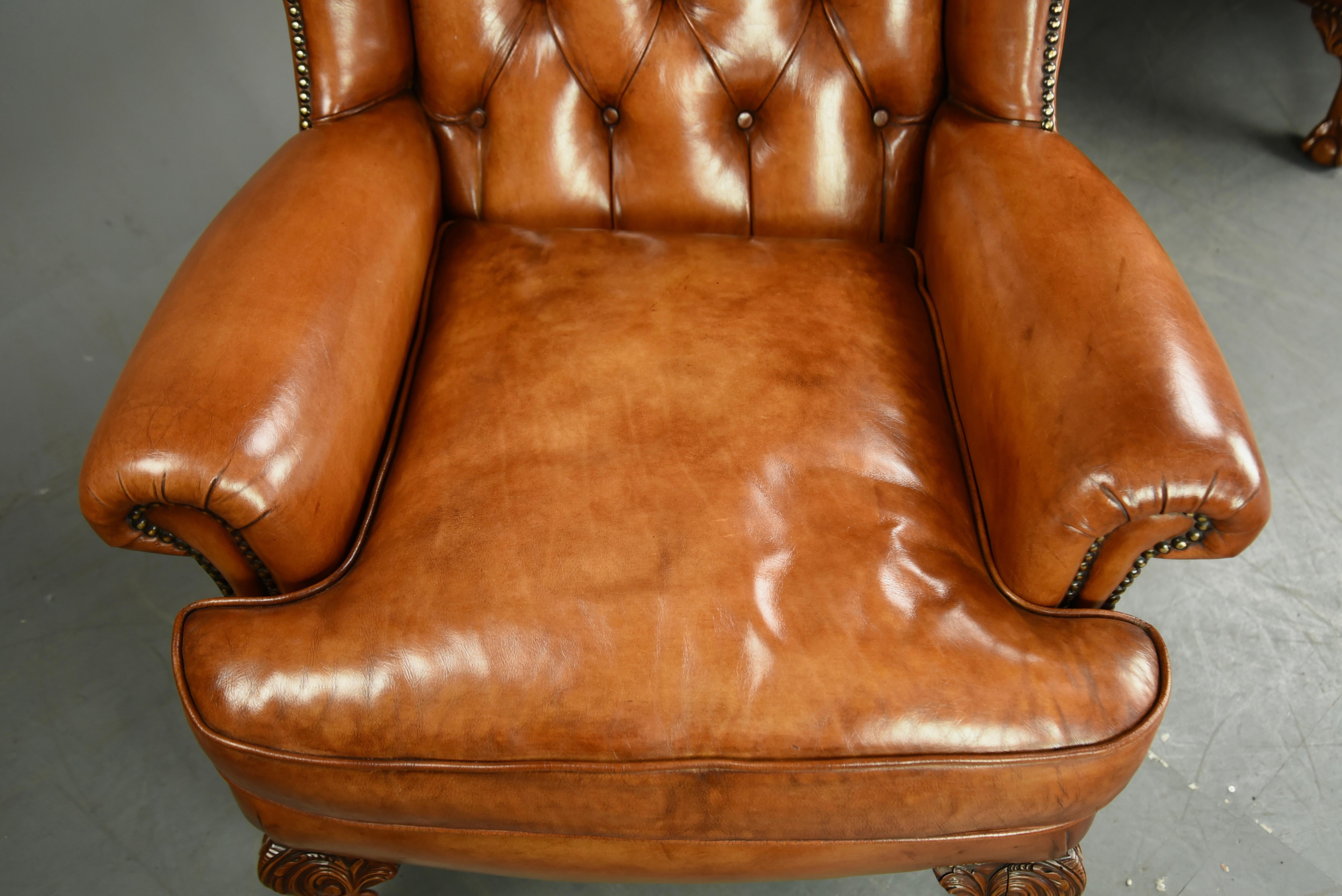 Early 20th Century Antique Pair of Leather Wing Chairs 