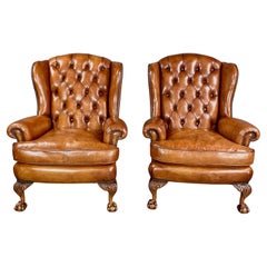 Antique Pair of Leather Wing Chairs 