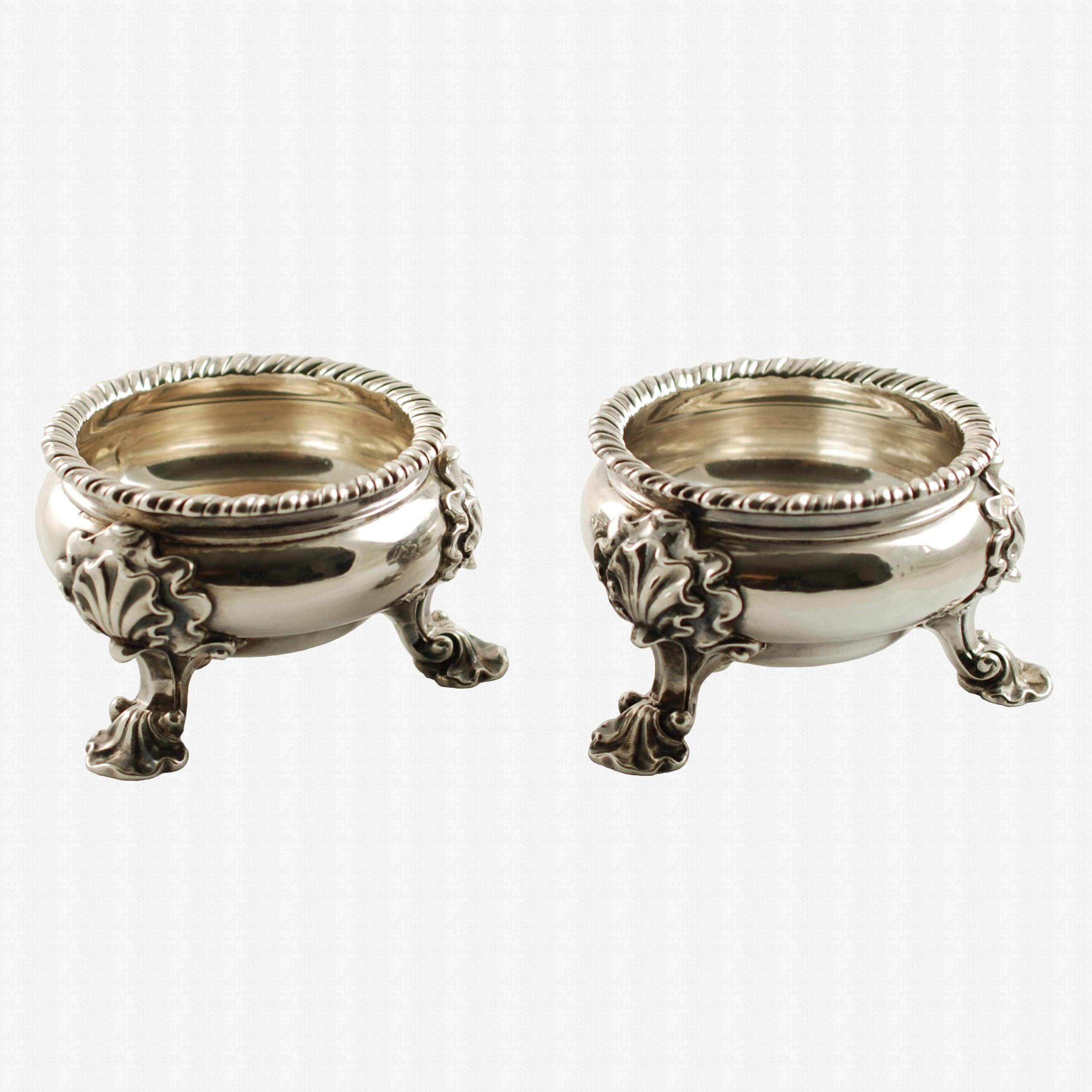 English Antique Pair of Lewis Pantin George II Sterling Silver Footed Master Salts