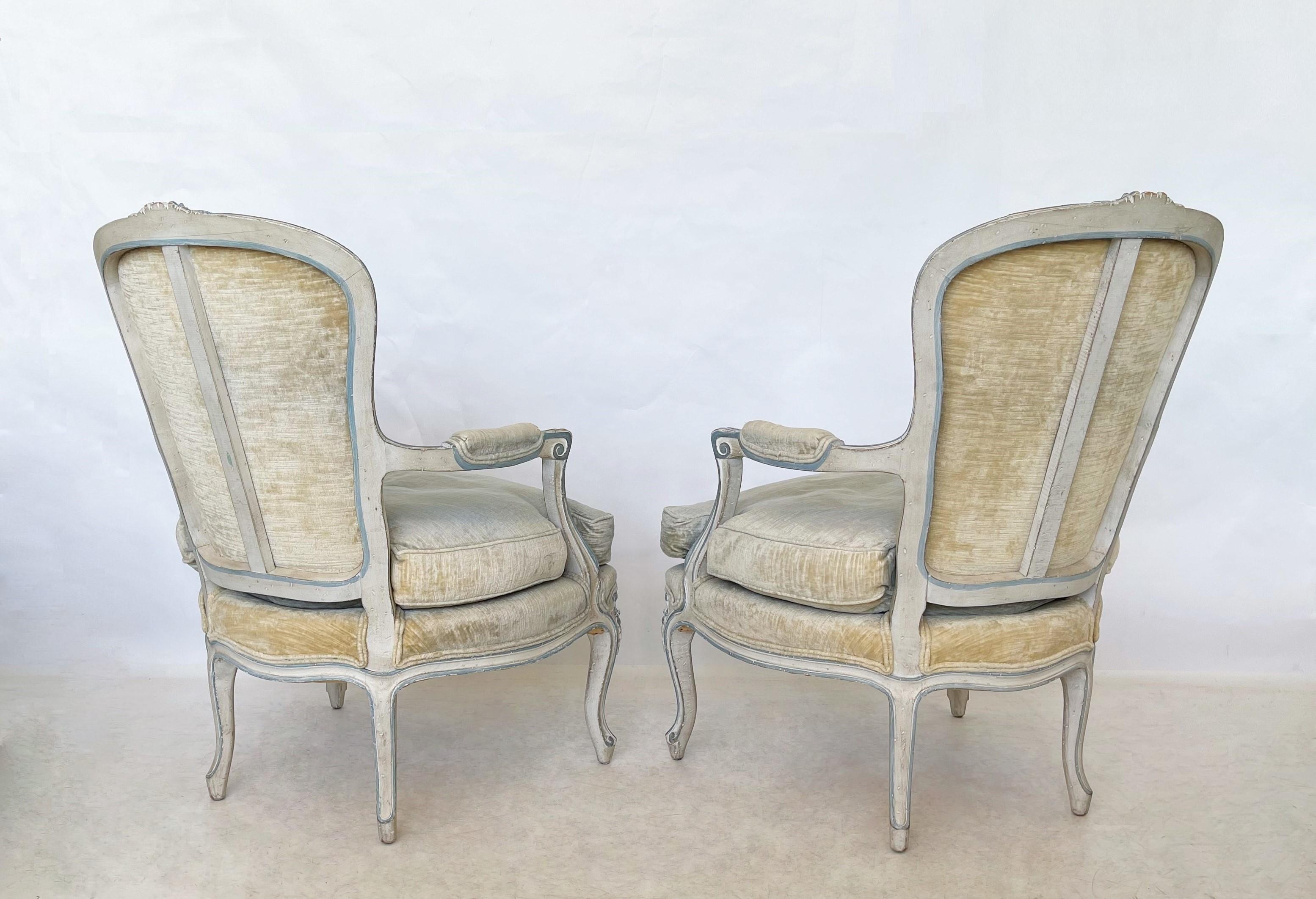Upholstery Antique Pair of Louis XV Painted Bergère/Armchairs For Sale
