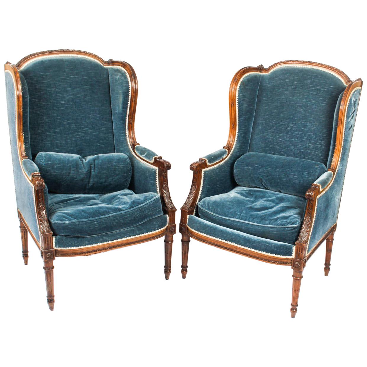Antique Pair of Louis XV Revival Fauteuil Wingback Armchairs, 19th Century