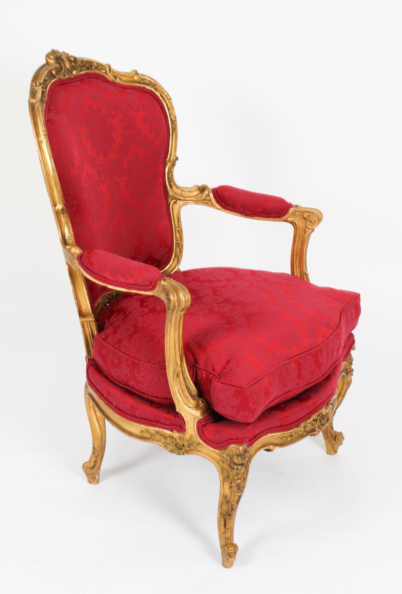 This is a beautiful antique pair of Louis XV Revival giltwood fauteiuls or open armchairs, circa 1880 in date. 
 
The original giltwood is beautiful in colour, each chair features a floral carved crested toprail with acanthus clasped arm padded