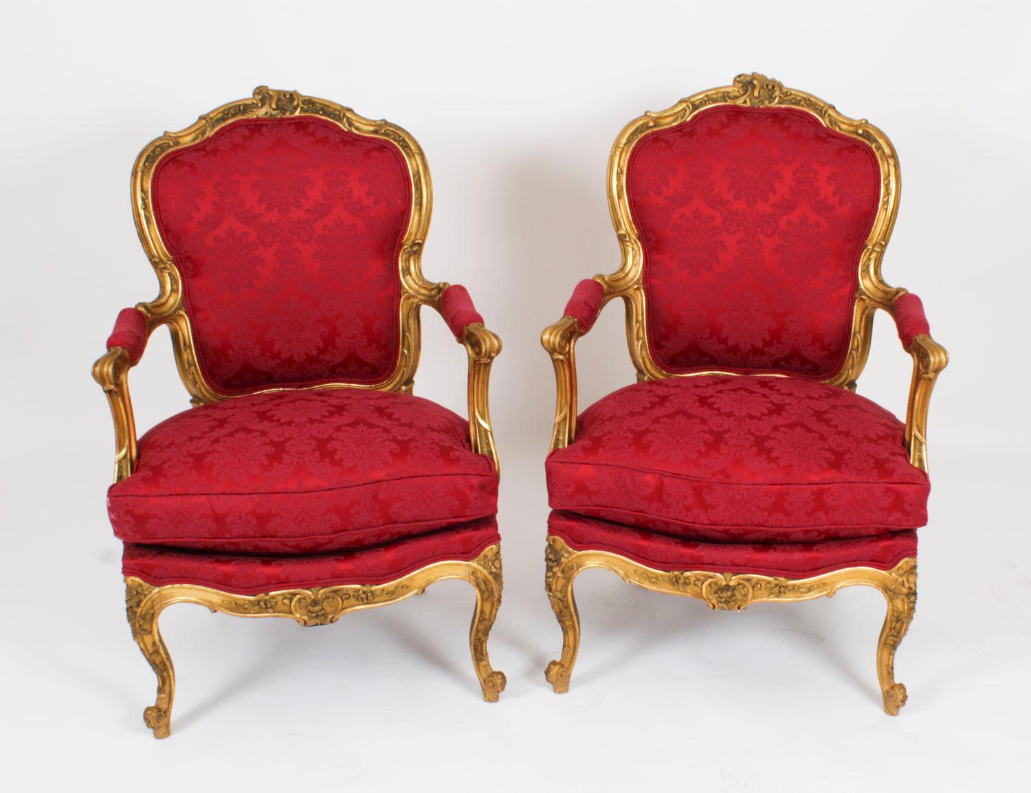 Antique Pair of Louis XV Revival Giltwood Armchairs 19 Century For Sale 14