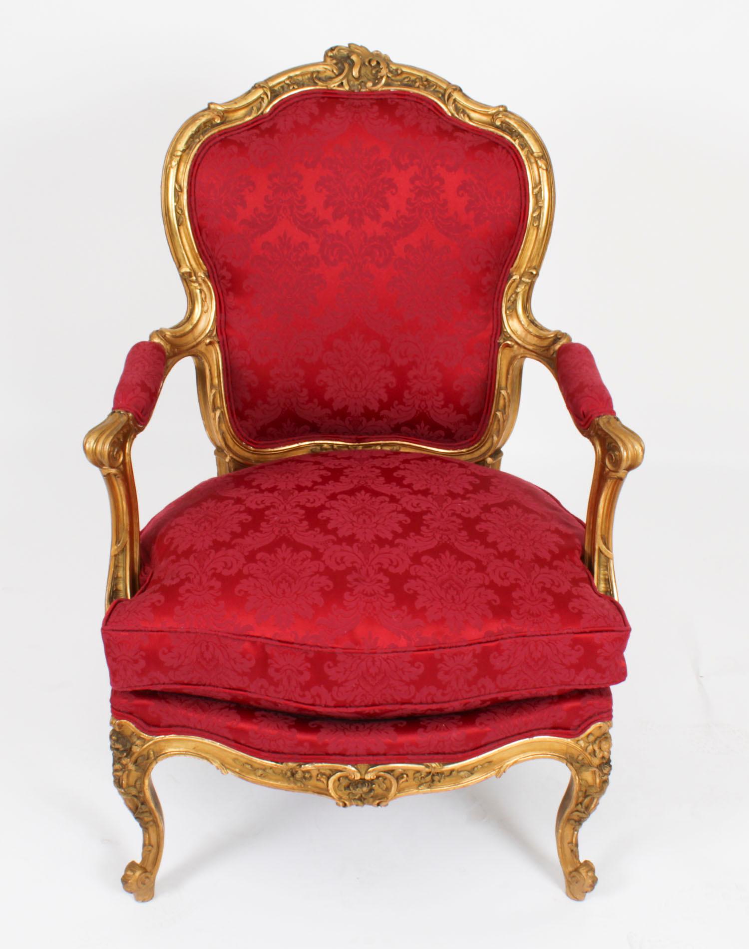 French Antique Pair of Louis XV Revival Giltwood Armchairs 19 Century For Sale