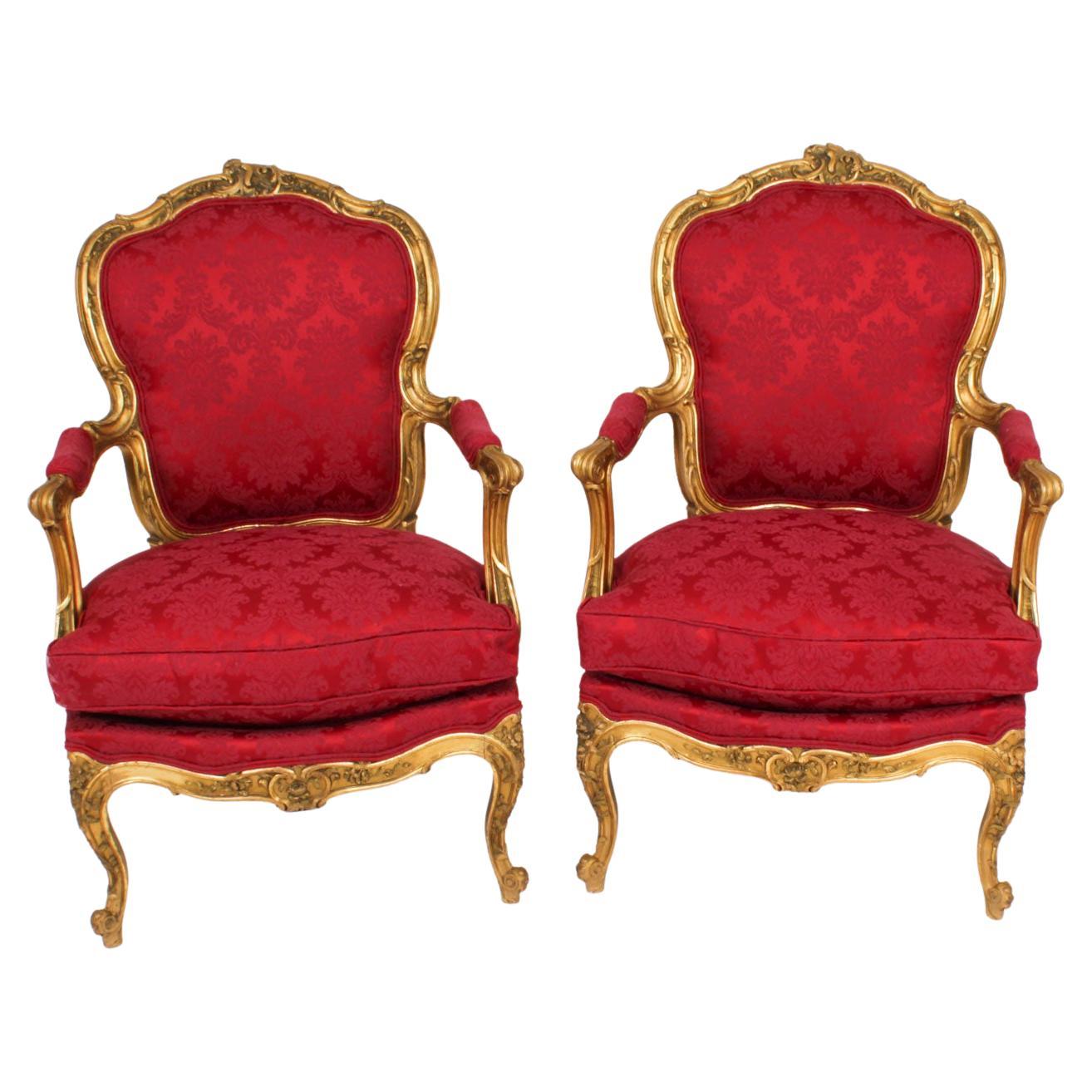 Antique Pair of Louis XV Revival Giltwood Armchairs 19 Century For Sale