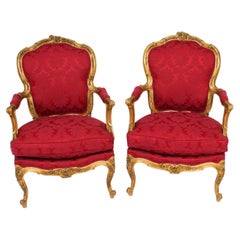 Antique Pair of Louis XV Revival Giltwood Armchairs 19 Century