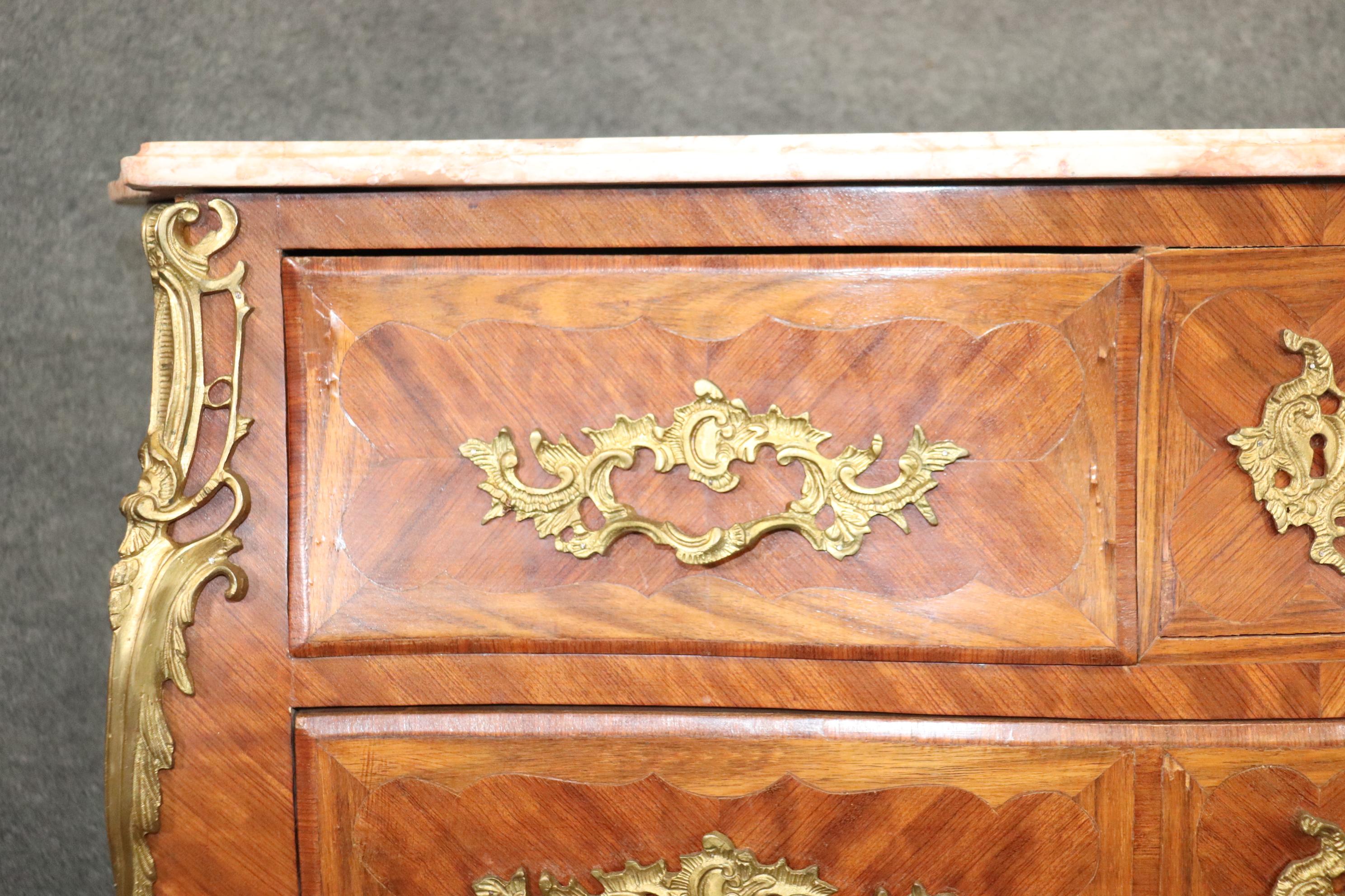 Antique Pair of Louis XV Rococo Style French Inlaid Marble Top Commodes Chest For Sale 4