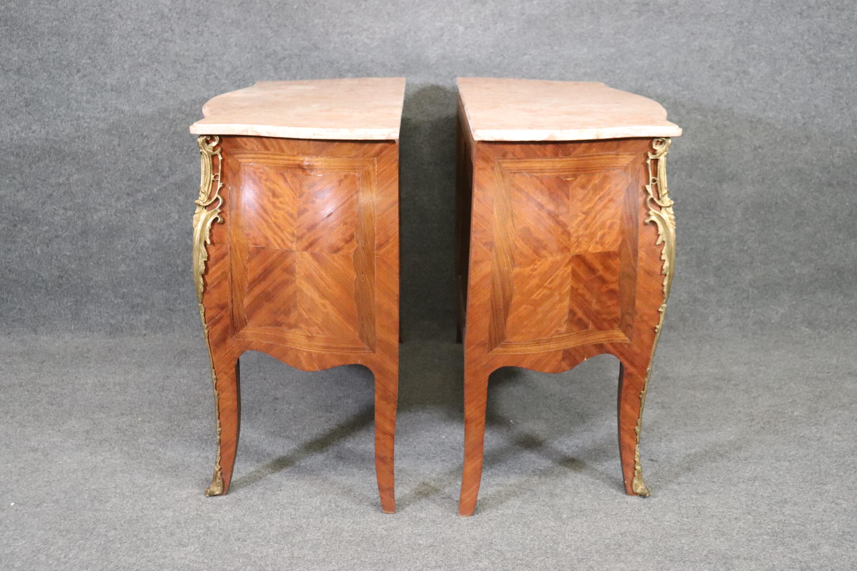 European Antique Pair of Louis XV Rococo Style French Inlaid Marble Top Commodes Chest For Sale