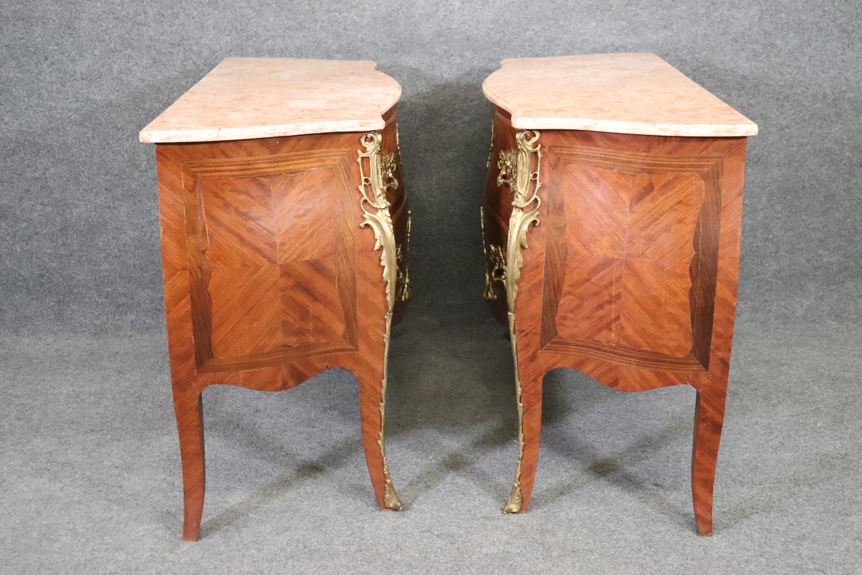 Mid-20th Century Antique Pair of Louis XV Rococo Style French Inlaid Marble Top Commodes Chest For Sale