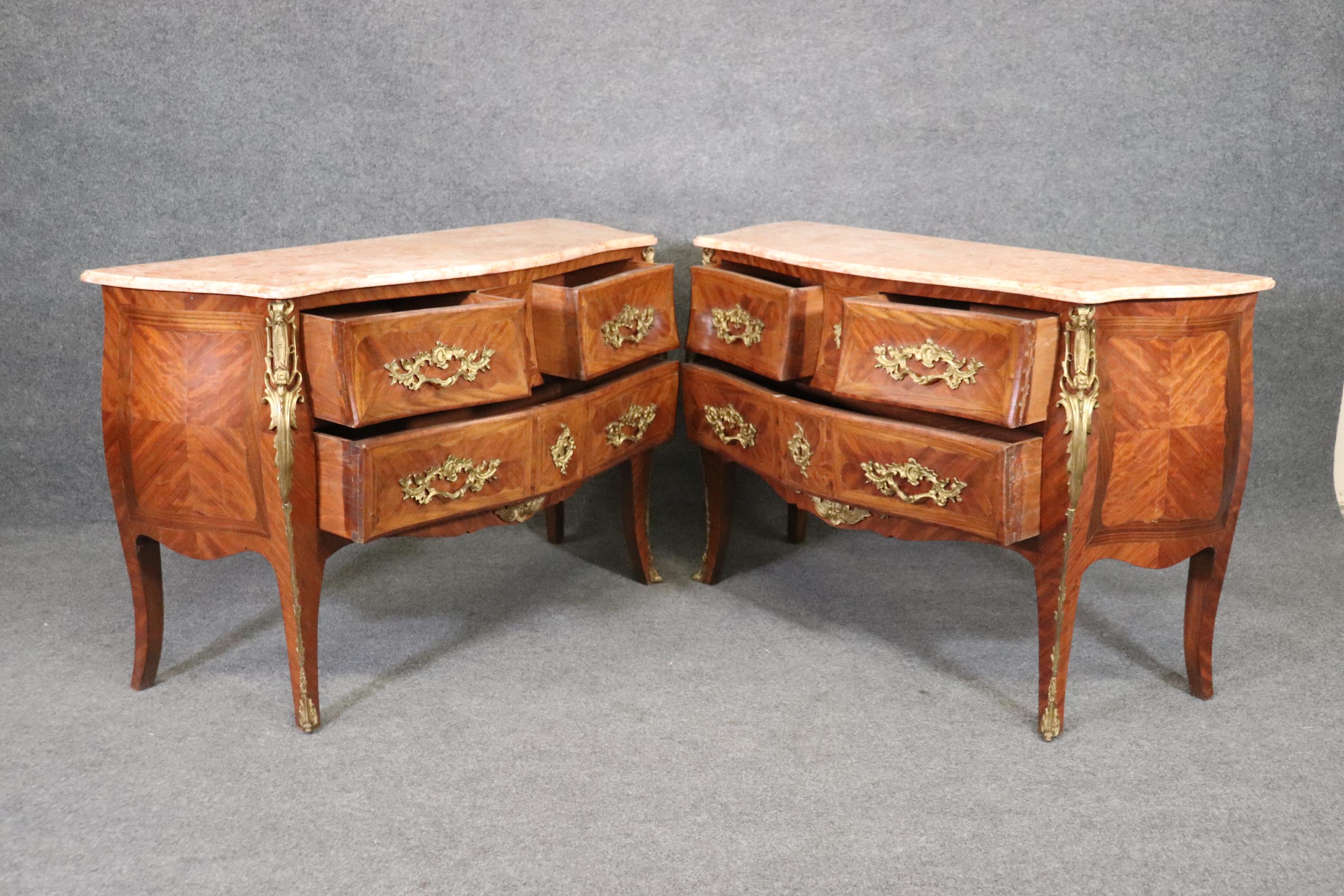 Bronze Antique Pair of Louis XV Rococo Style French Inlaid Marble Top Commodes Chest For Sale