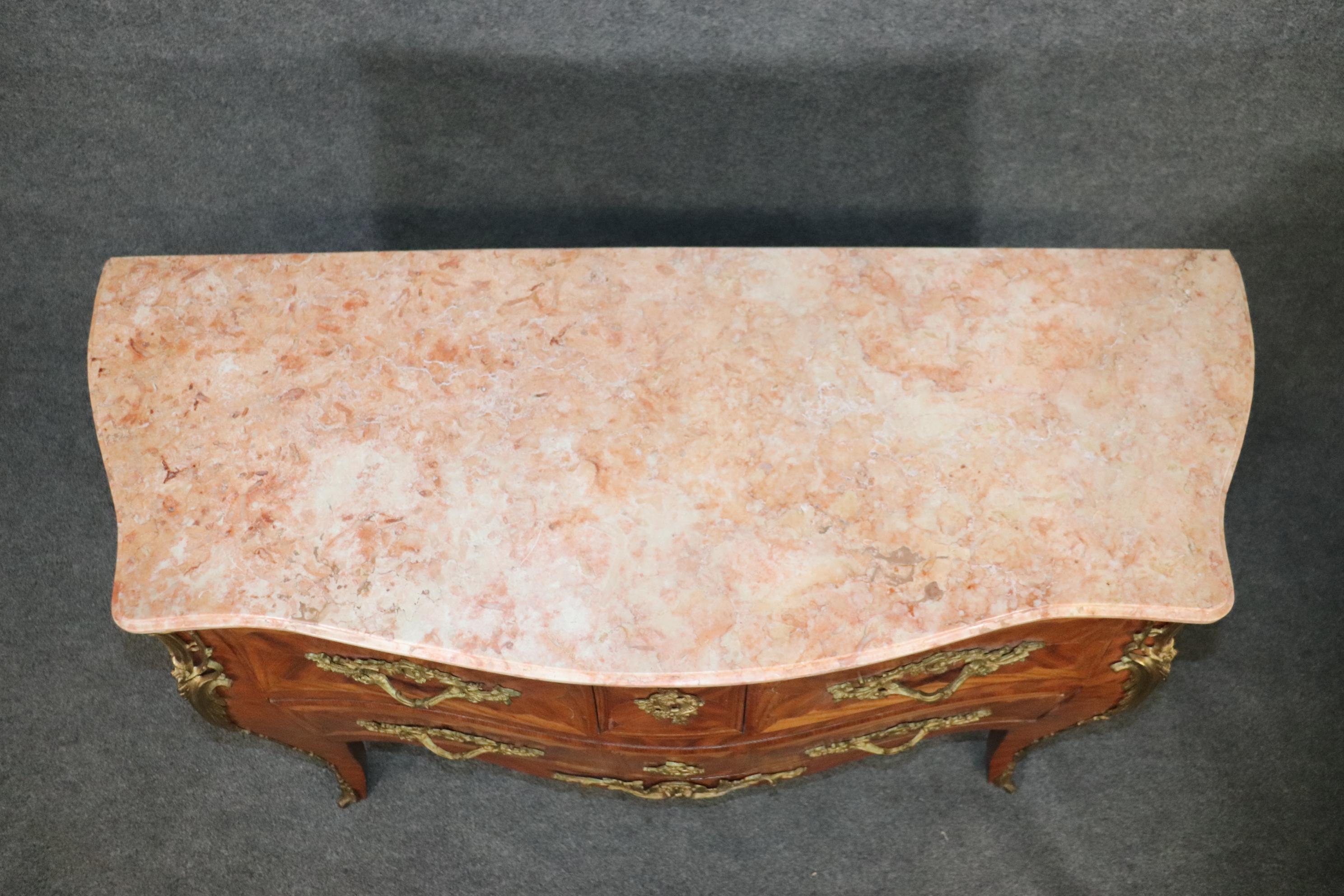 Antique Pair of Louis XV Rococo Style French Inlaid Marble Top Commodes Chest For Sale 2