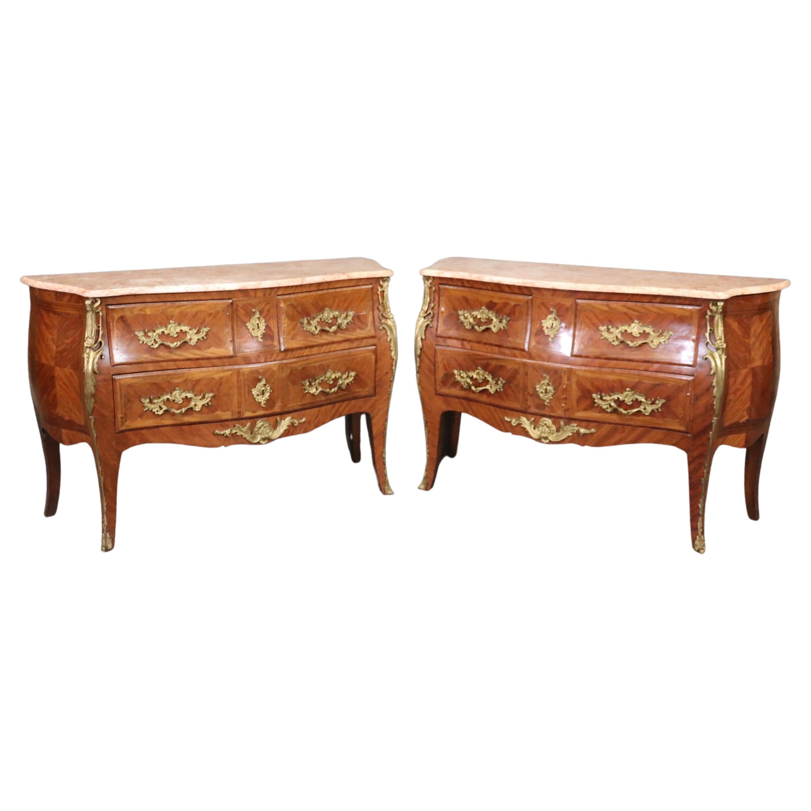 Antique Pair of Louis XV Rococo Style French Inlaid Marble Top Commodes Chest For Sale