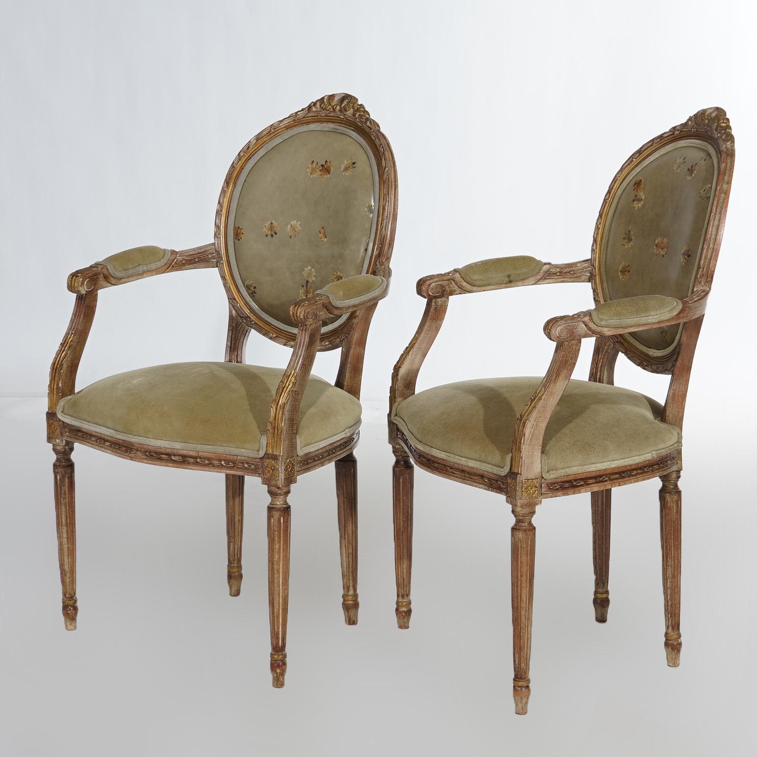 French Antique Pair of Louis XVI Leather & Carved, Polychromed Giltwood Armchairs 20thC For Sale