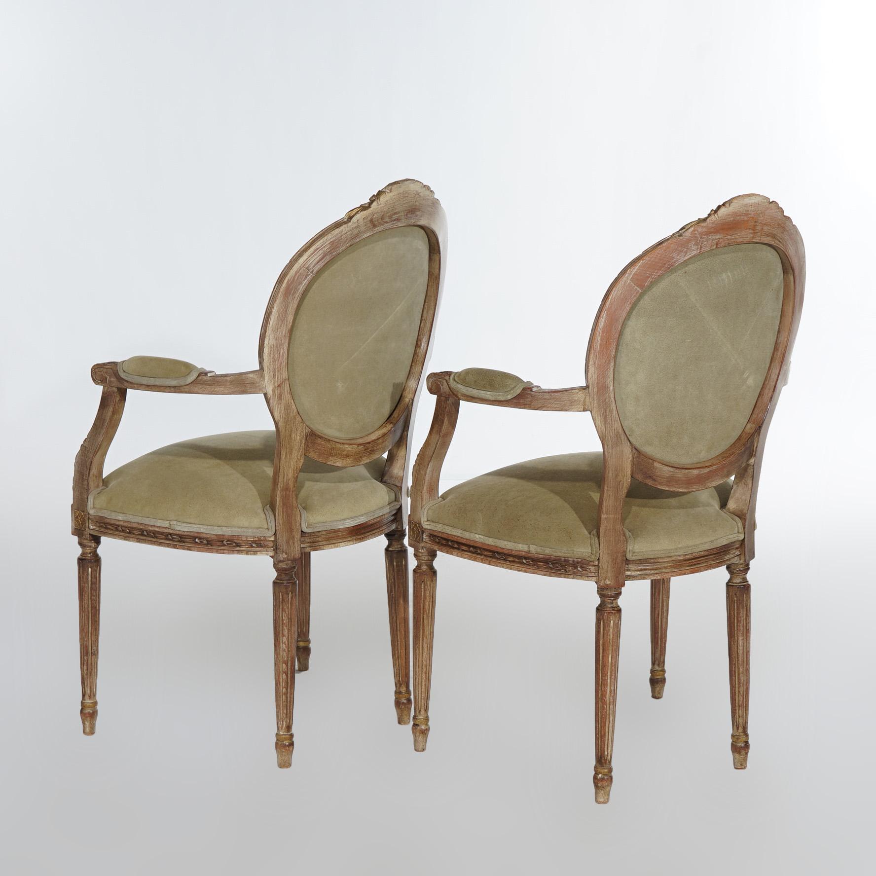 Antique Pair of Louis XVI Leather & Carved, Polychromed Giltwood Armchairs 20thC In Good Condition For Sale In Big Flats, NY