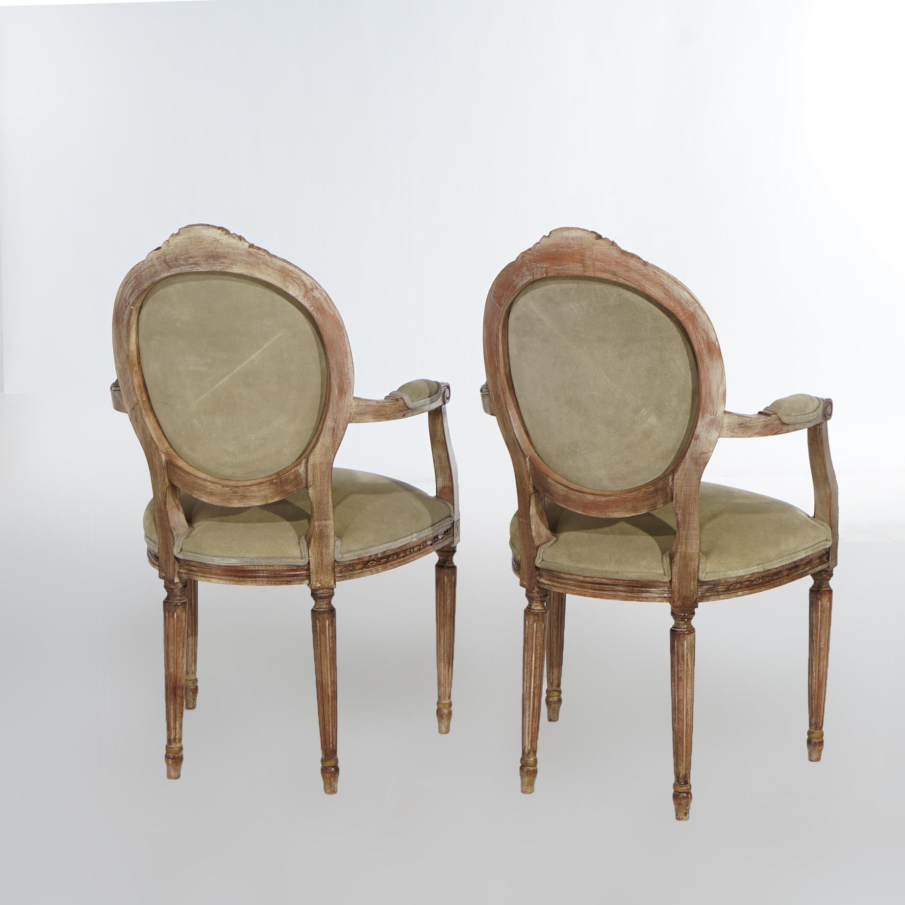20th Century Antique Pair of Louis XVI Leather & Carved, Polychromed Giltwood Armchairs 20thC For Sale