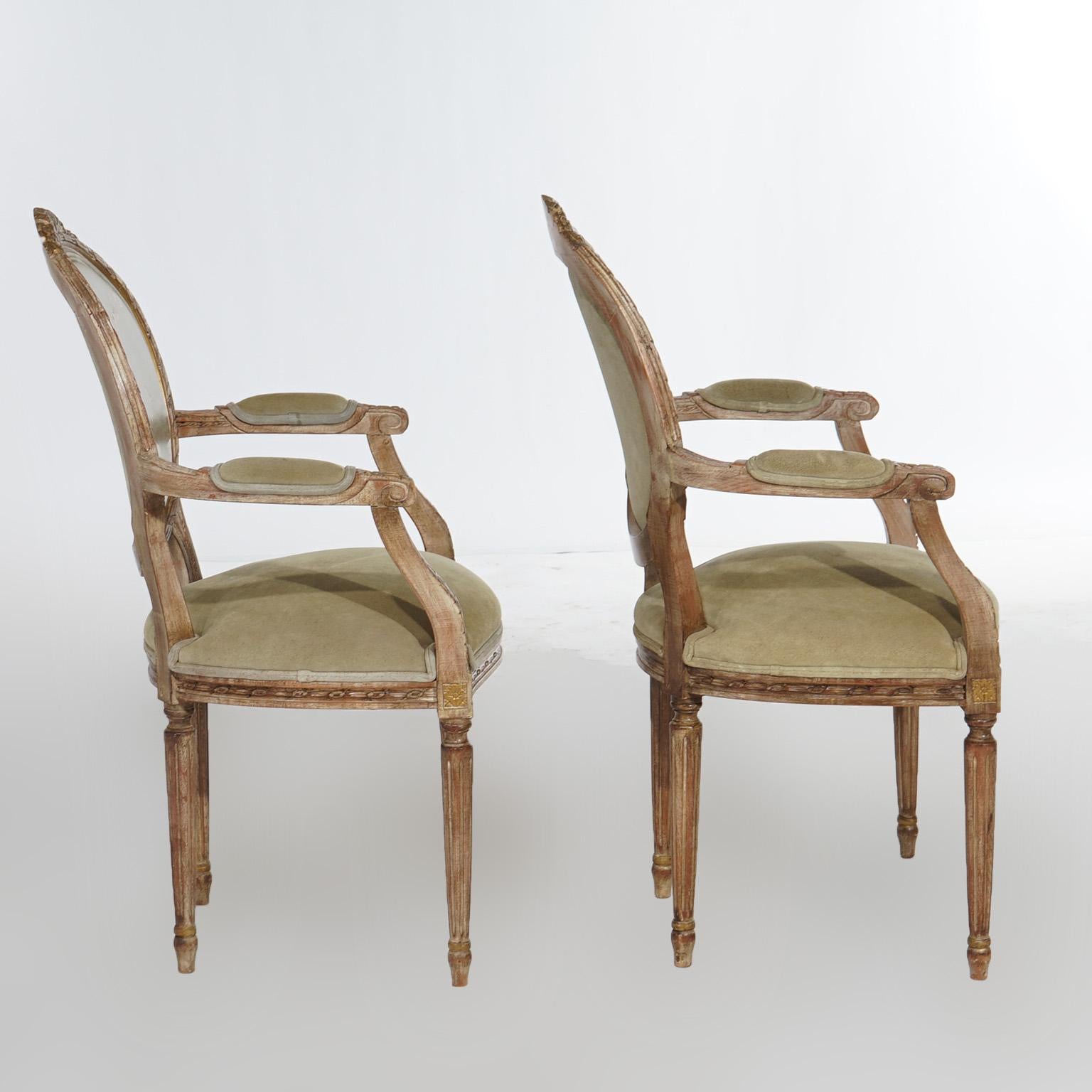Antique Pair of Louis XVI Leather & Carved, Polychromed Giltwood Armchairs 20thC For Sale 1