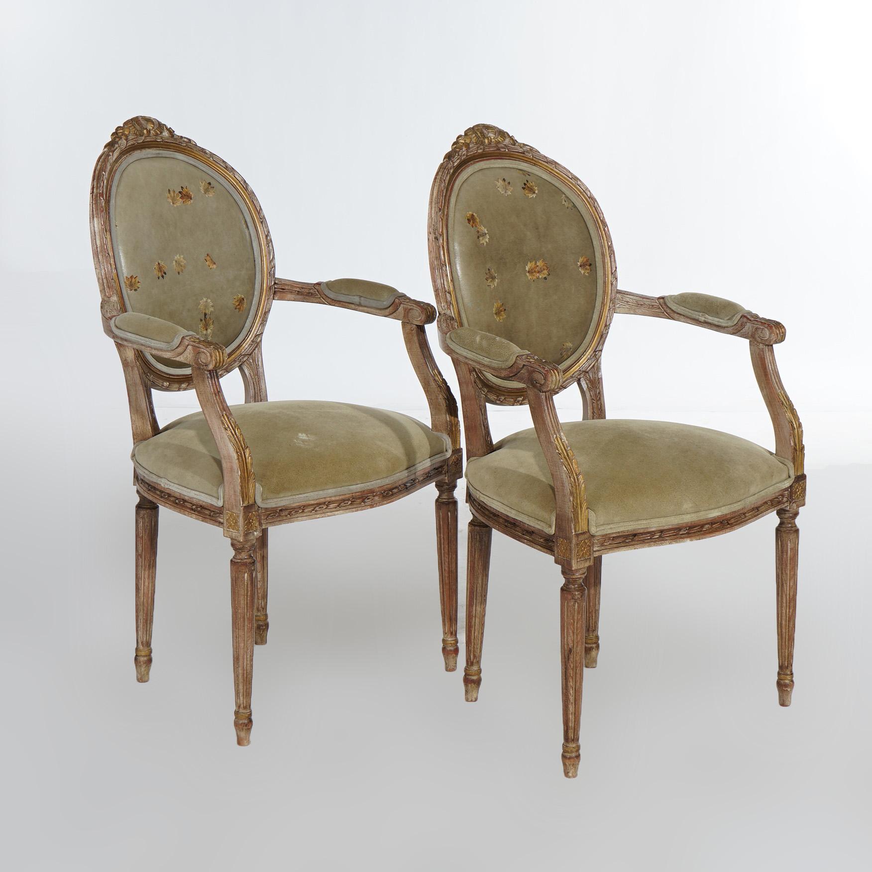 Antique Pair of Louis XVI Leather & Carved, Polychromed Giltwood Armchairs 20thC For Sale 2