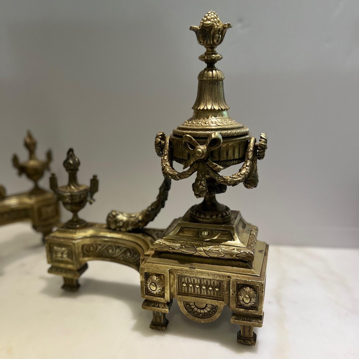 Antique Pair of Louis XVI Style Gilt Bronze Chenets For Sale 5