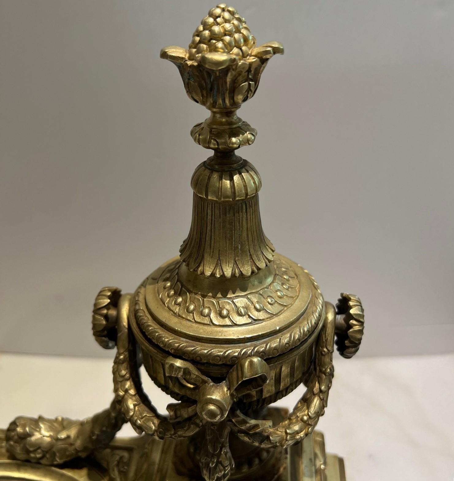Antique Pair of Louis XVI Style Gilt Bronze Chenets For Sale 7