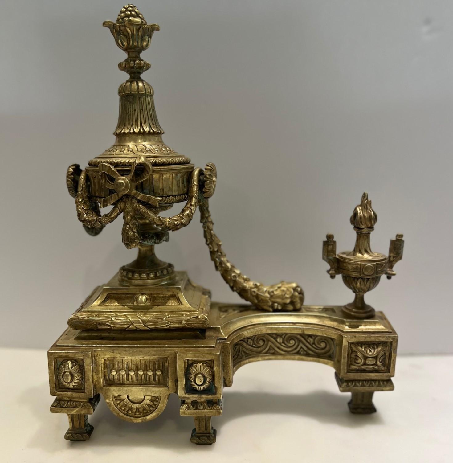 French Antique Pair of Louis XVI Style Gilt Bronze Chenets For Sale