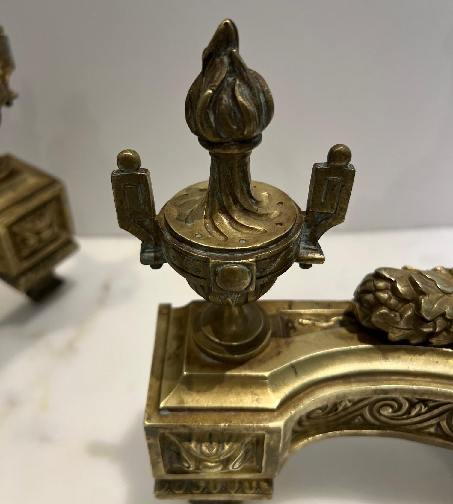 Late 19th Century Antique Pair of Louis XVI Style Gilt Bronze Chenets For Sale