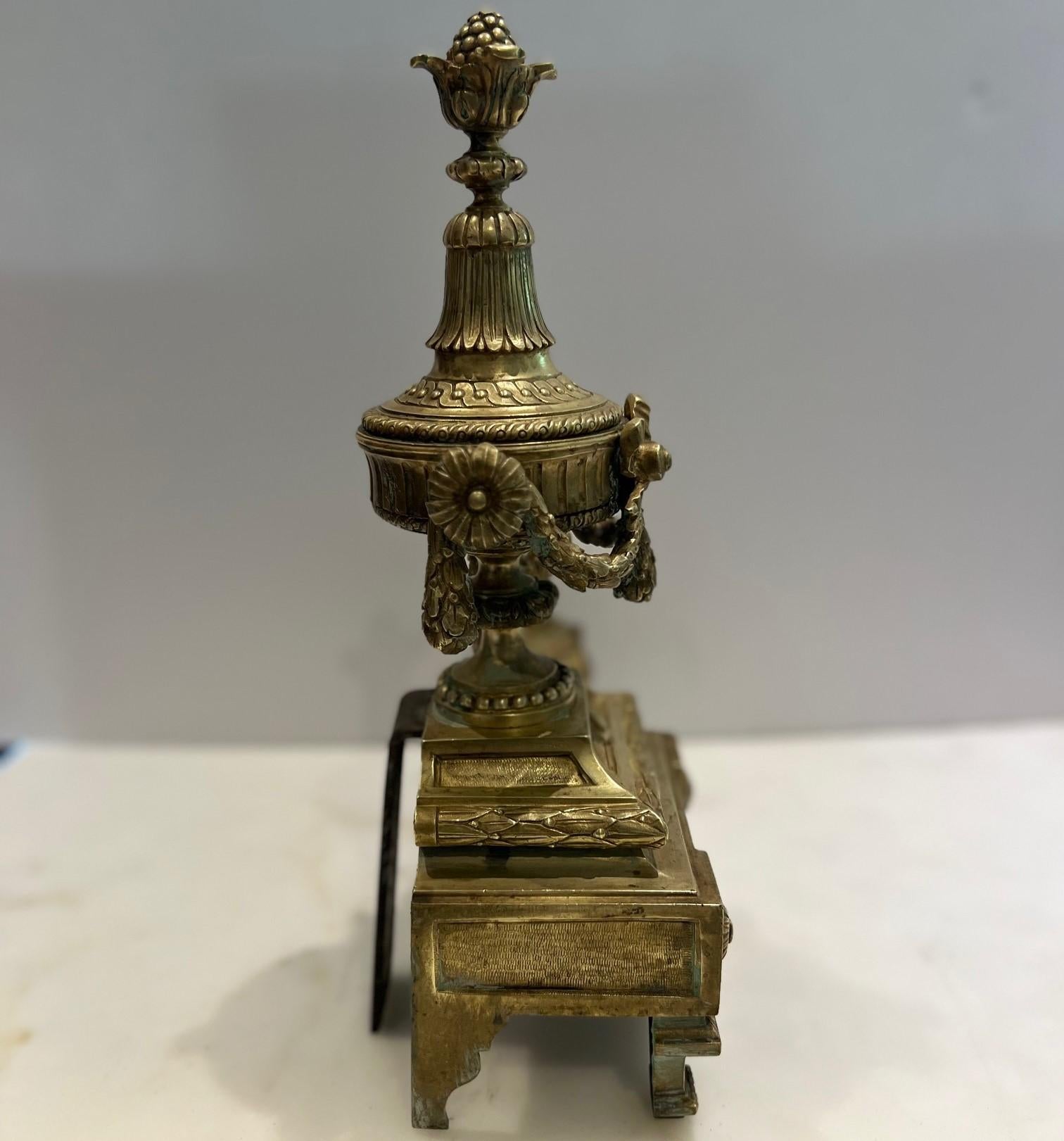 Antique Pair of Louis XVI Style Gilt Bronze Chenets For Sale 3