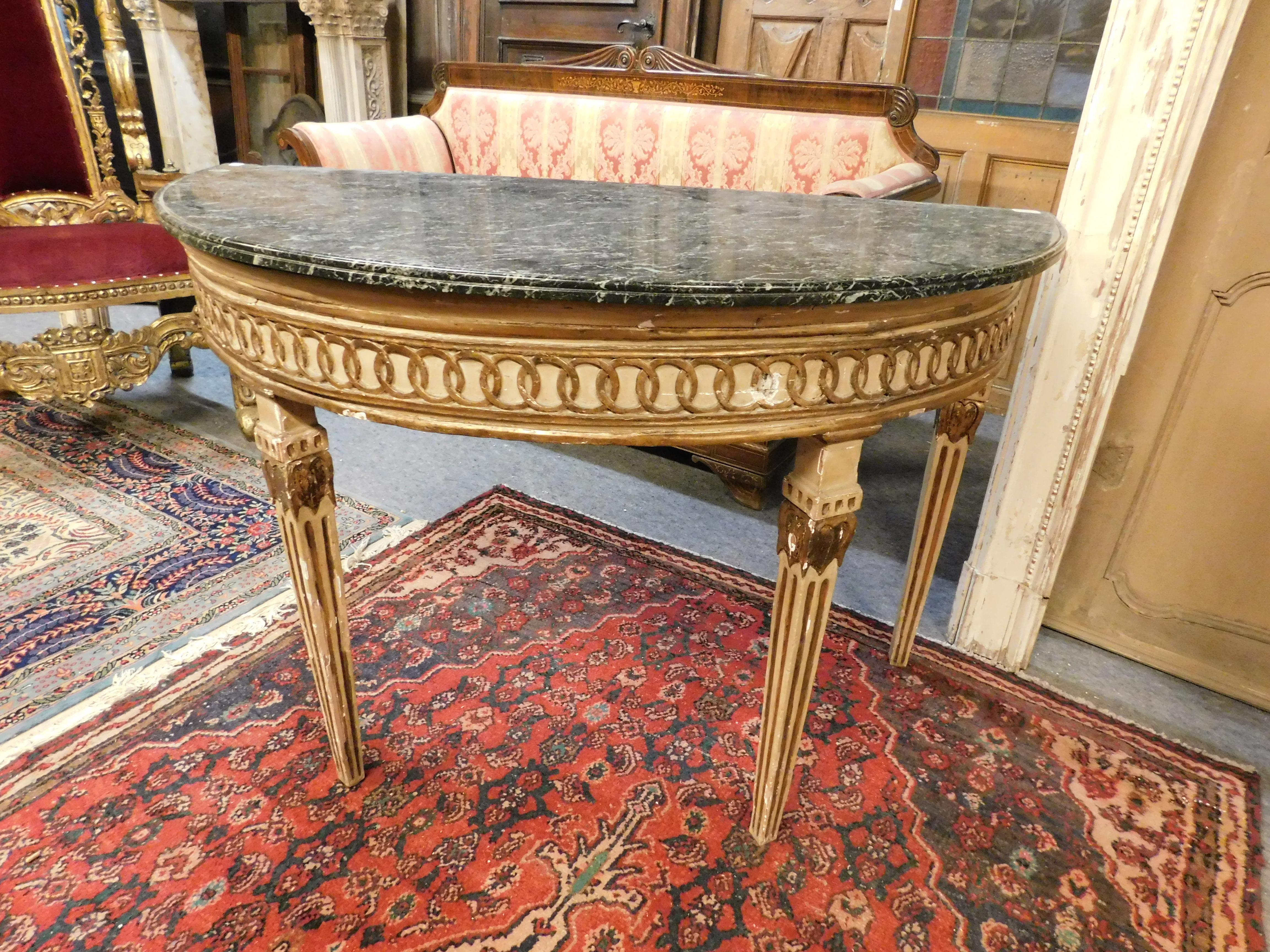 Antique Pair of Louis XVI Wood Lacquered Consoles, Green Marble Half-Moon Top 3