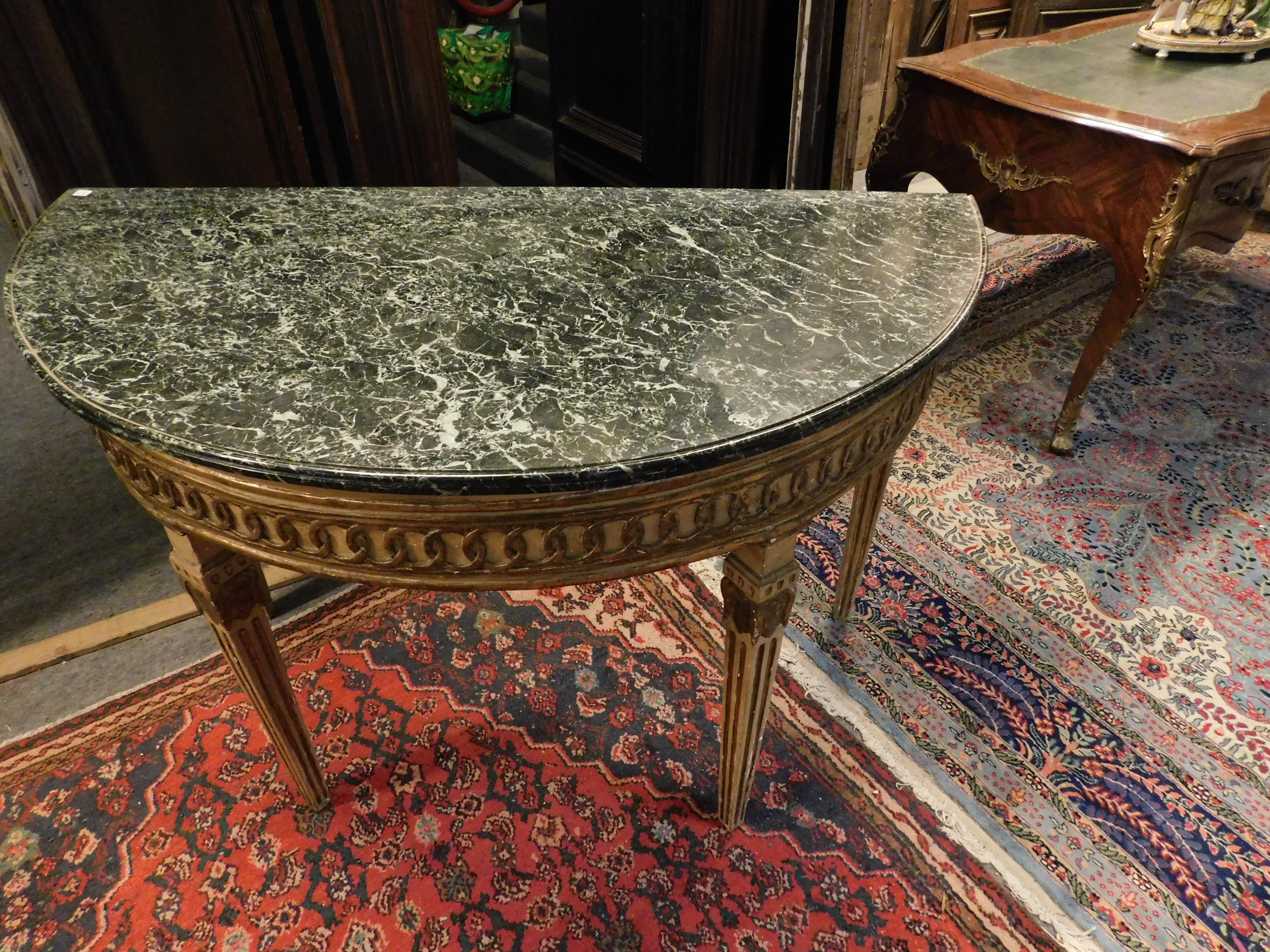 Italian Antique Pair of Louis XVI Wood Lacquered Consoles, Green Marble Half-Moon Top