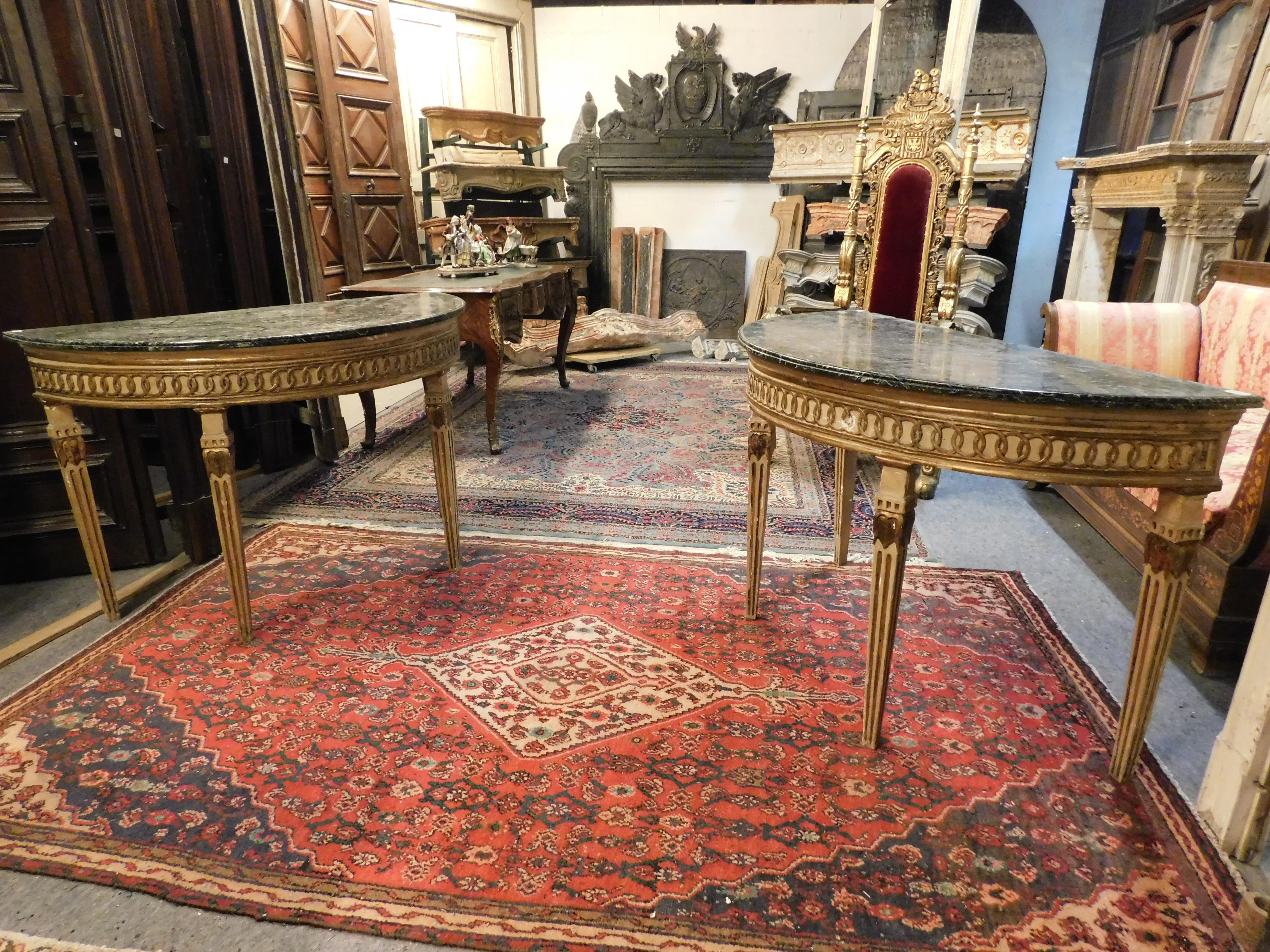 Late 18th Century Antique Pair of Louis XVI Wood Lacquered Consoles, Green Marble Half-Moon Top