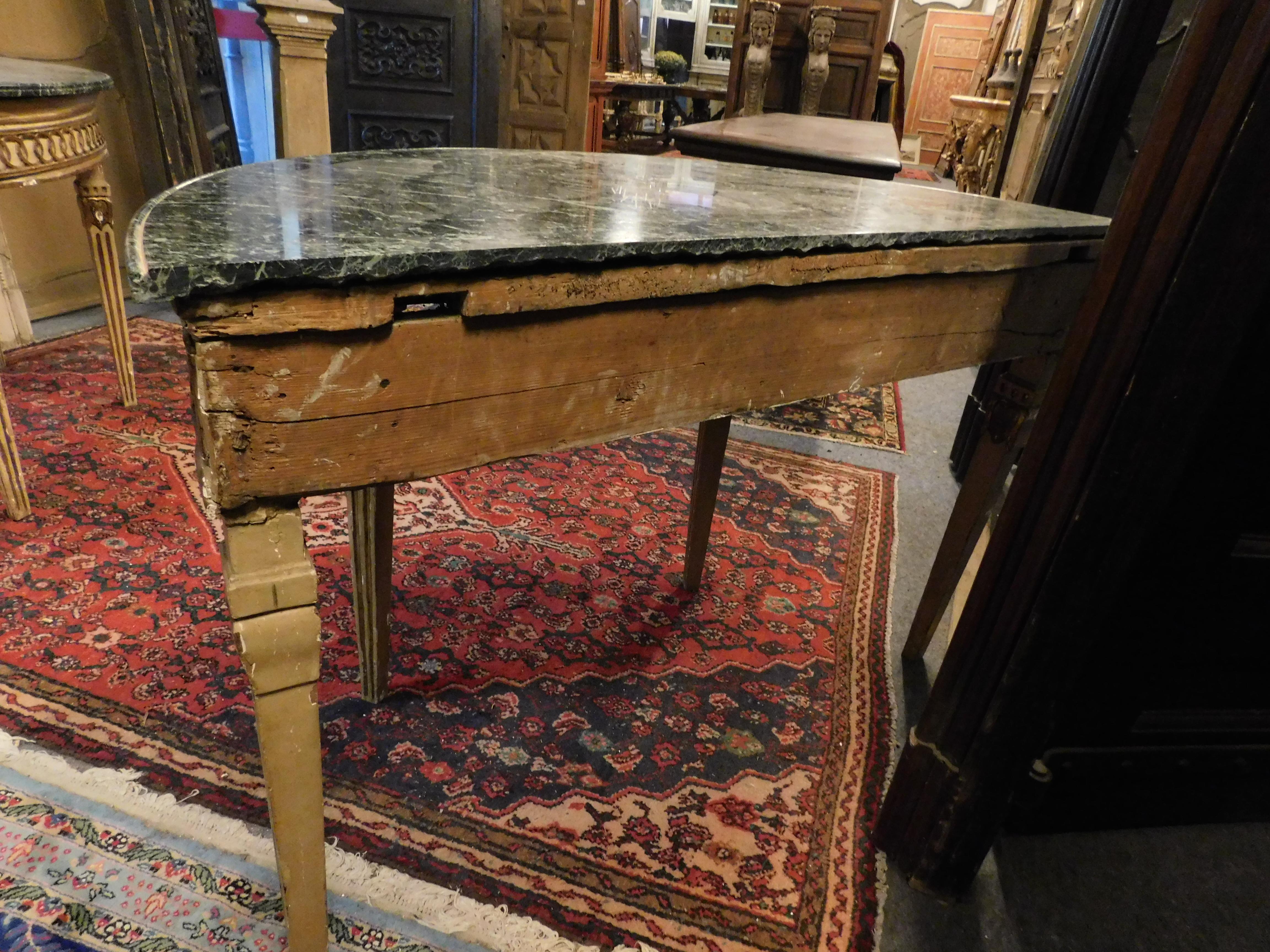 Late 18th Century Antique Pair of Louis XVI Wood Lacquered Consoles, Green Marble Half-Moon Top
