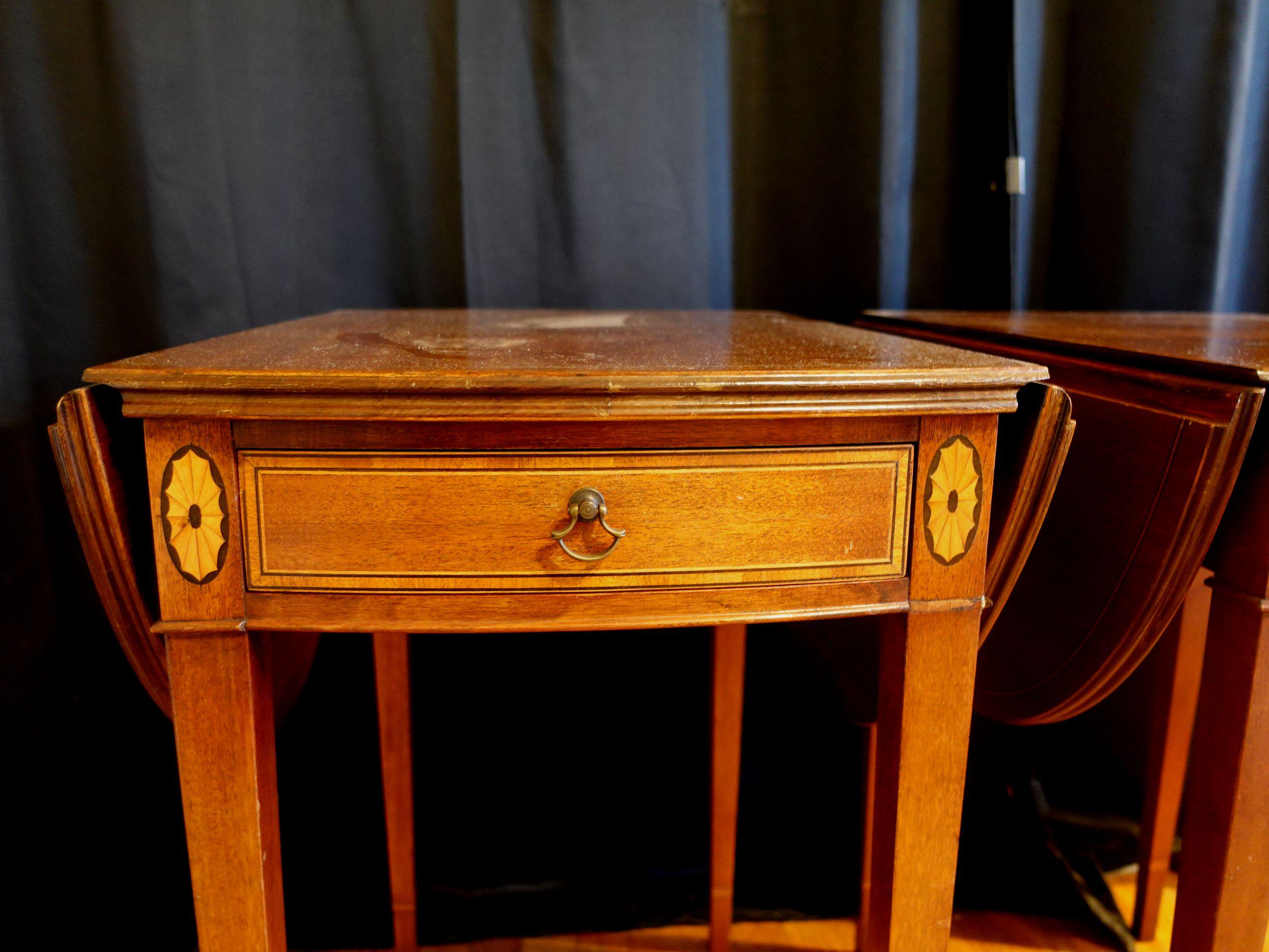 Hand-Crafted Antique Pair of Mahogany Banded Pembroke Side Tables