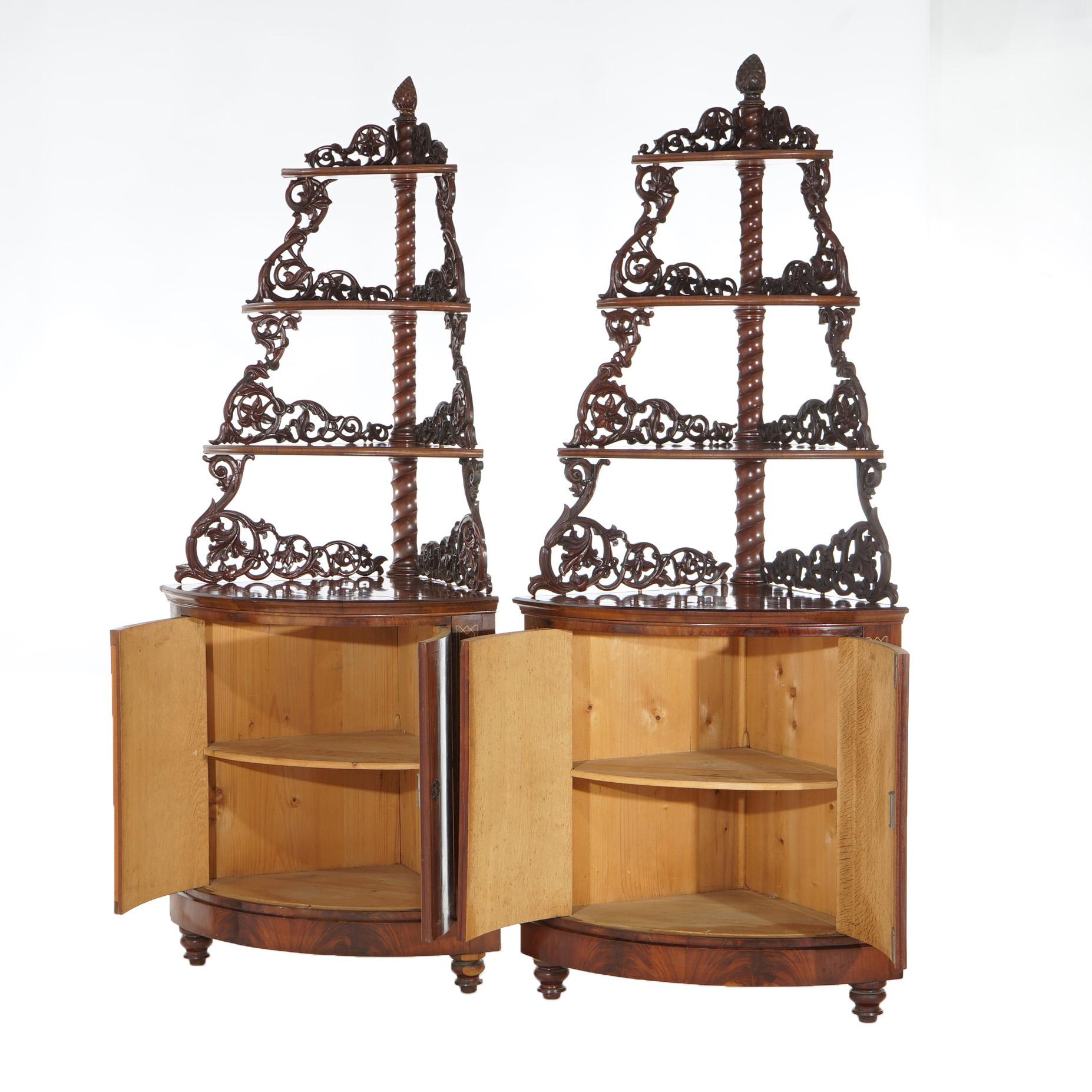Antique Pair of Mahogany Inlaid, Pierced & Carved Corner Curio Cabinet c1870 For Sale 8