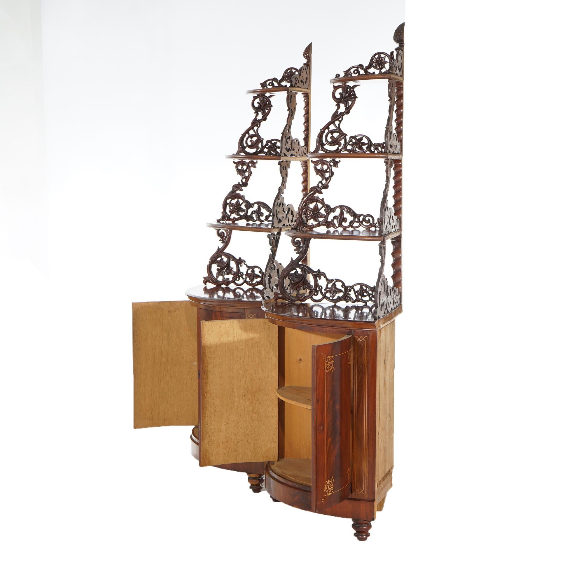 Antique Pair of Mahogany Inlaid, Pierced & Carved Corner Curio Cabinet c1870 For Sale 14
