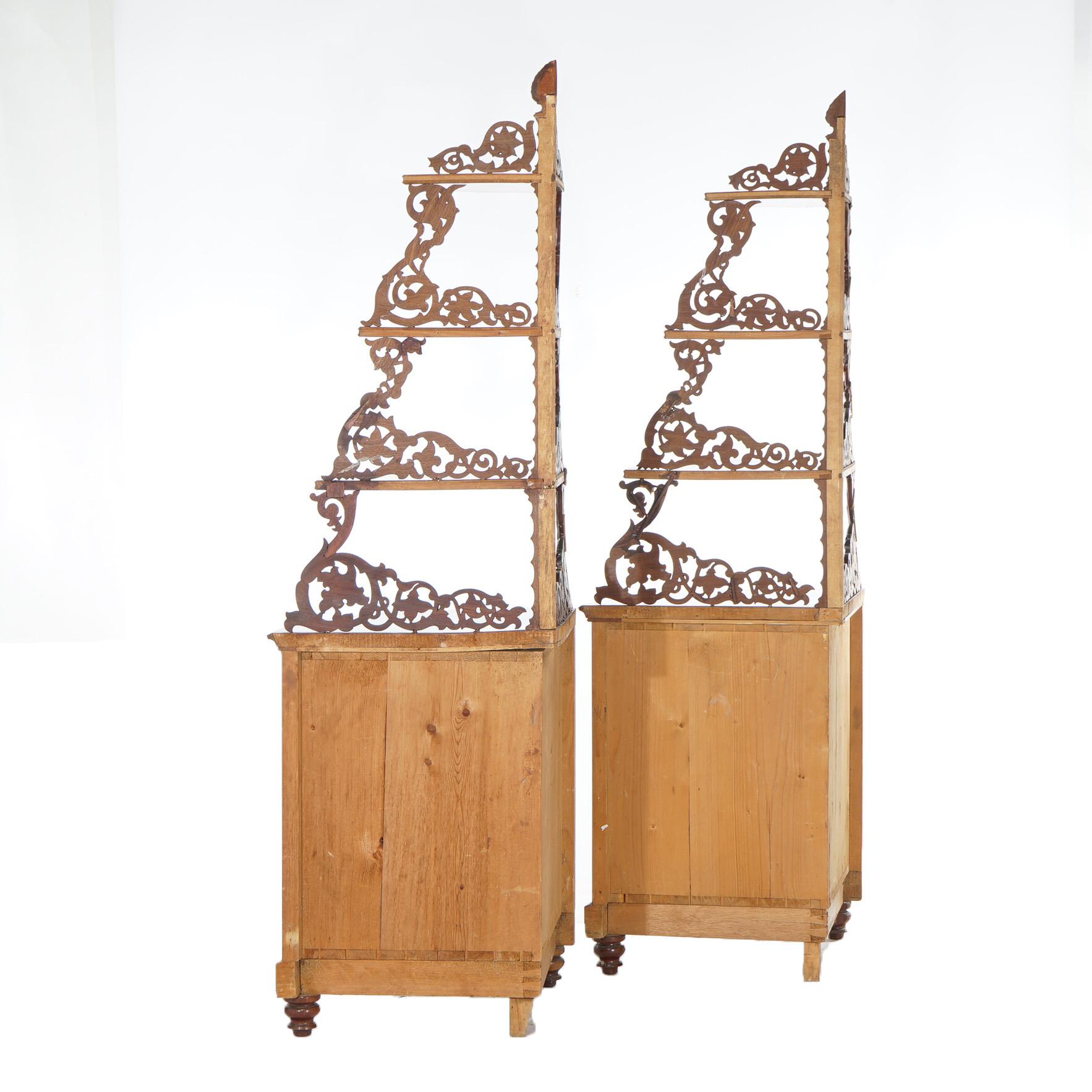 Antique Pair of Mahogany Inlaid, Pierced & Carved Corner Curio Cabinet c1870 For Sale 16