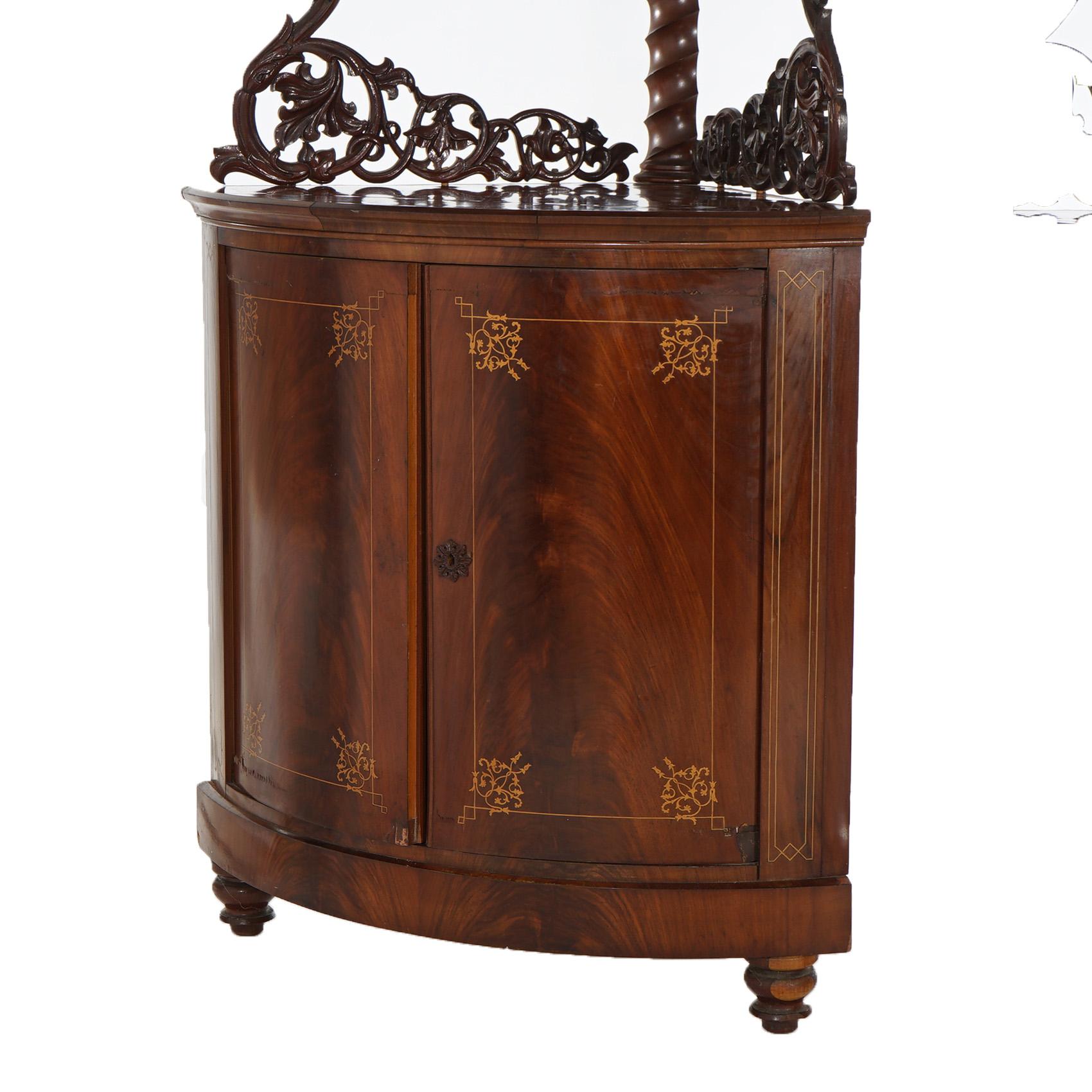 Antique Pair of Mahogany Inlaid, Pierced & Carved Corner Curio Cabinet c1870 In Good Condition For Sale In Big Flats, NY
