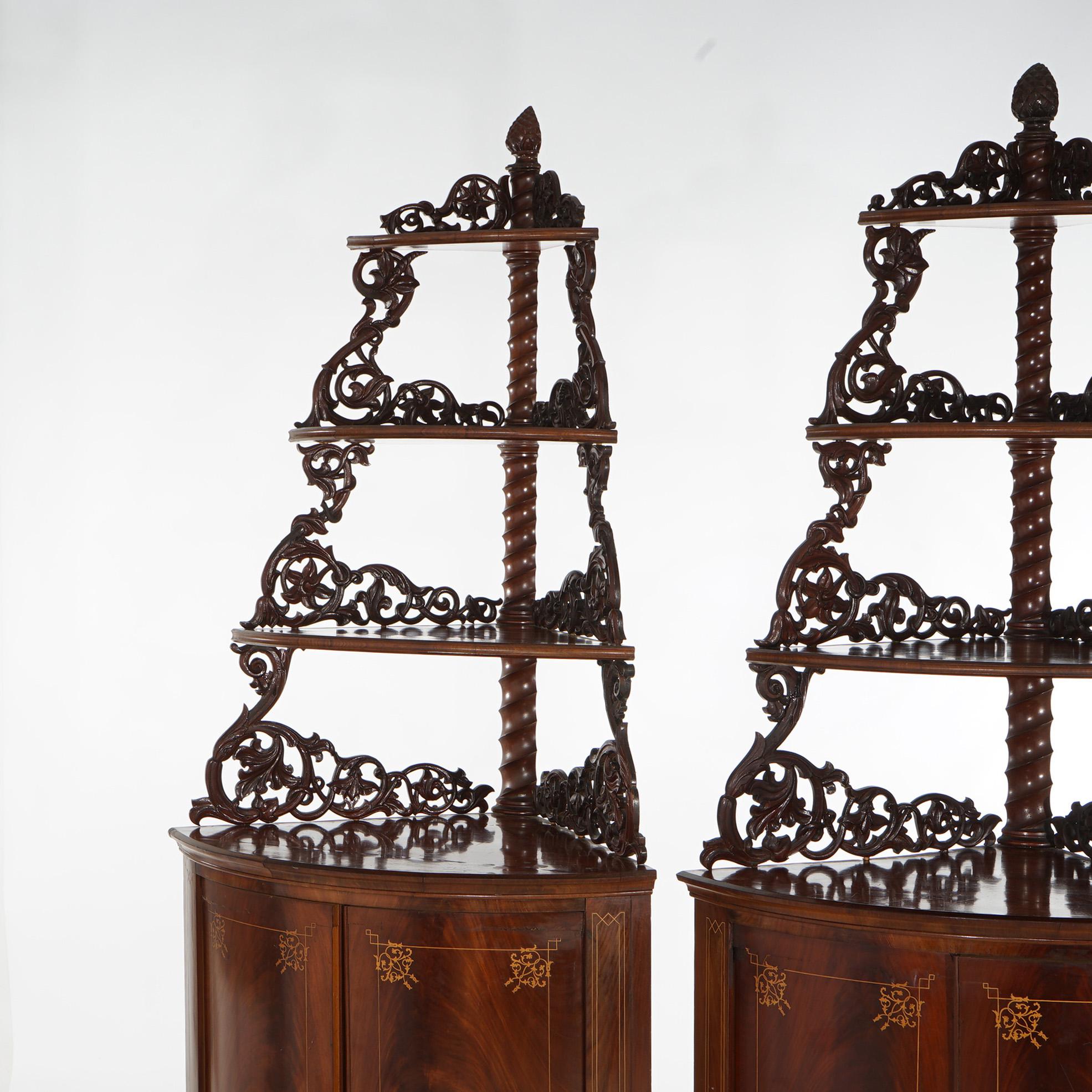 19th Century Antique Pair of Mahogany Inlaid, Pierced & Carved Corner Curio Cabinet c1870 For Sale