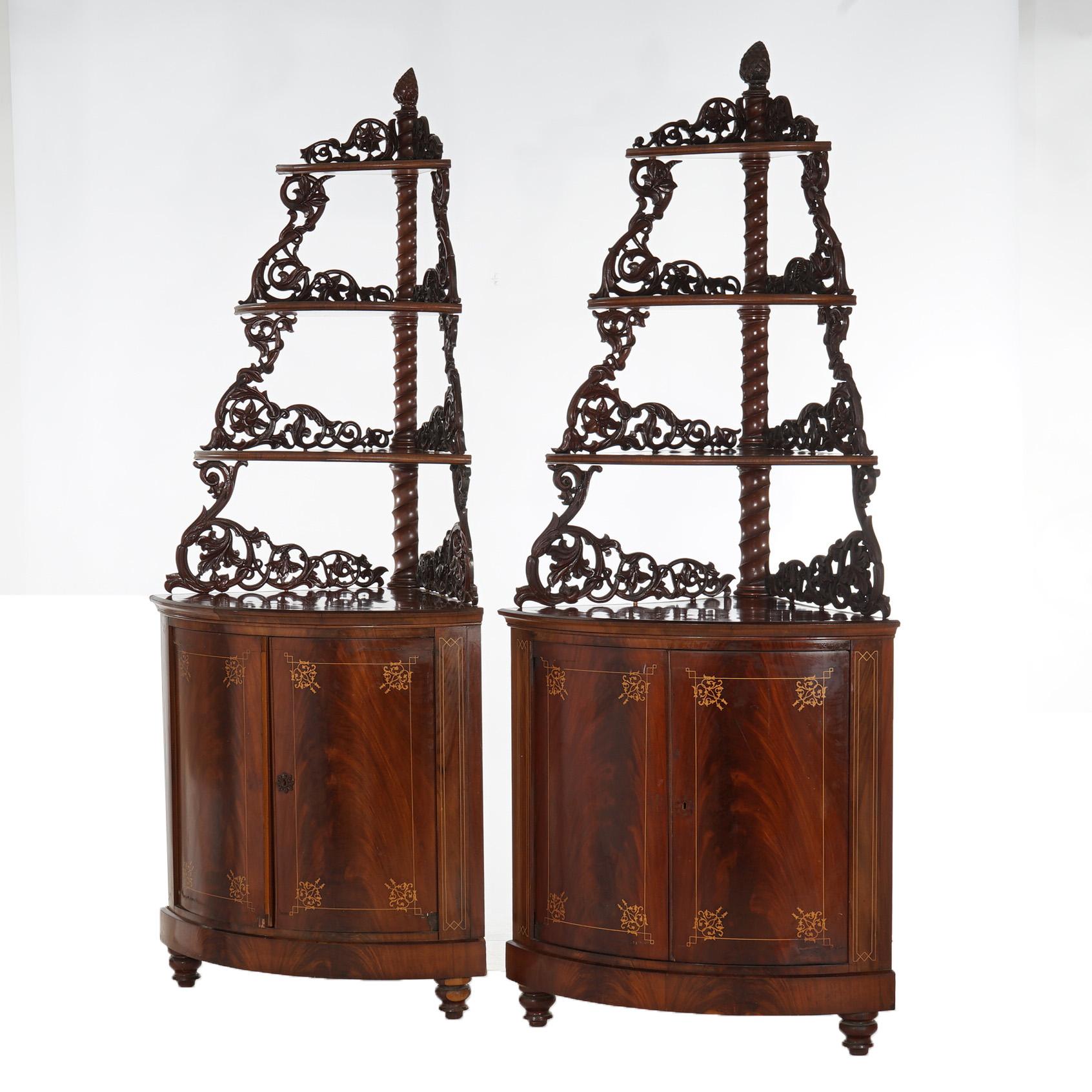 Antique Pair of Mahogany Inlaid, Pierced & Carved Corner Curio Cabinet c1870 For Sale 1