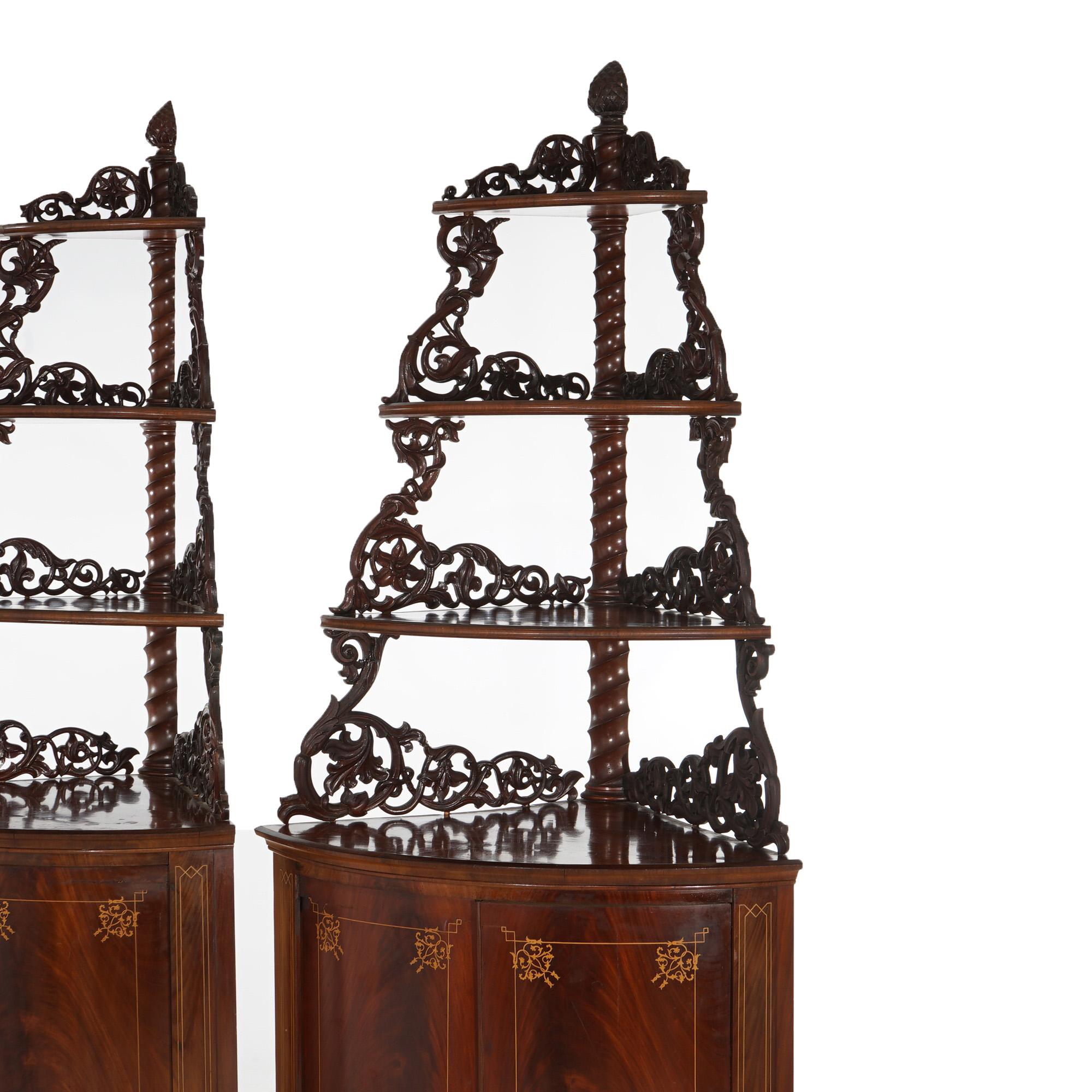 Antique Pair of Mahogany Inlaid, Pierced & Carved Corner Curio Cabinet c1870 For Sale 2