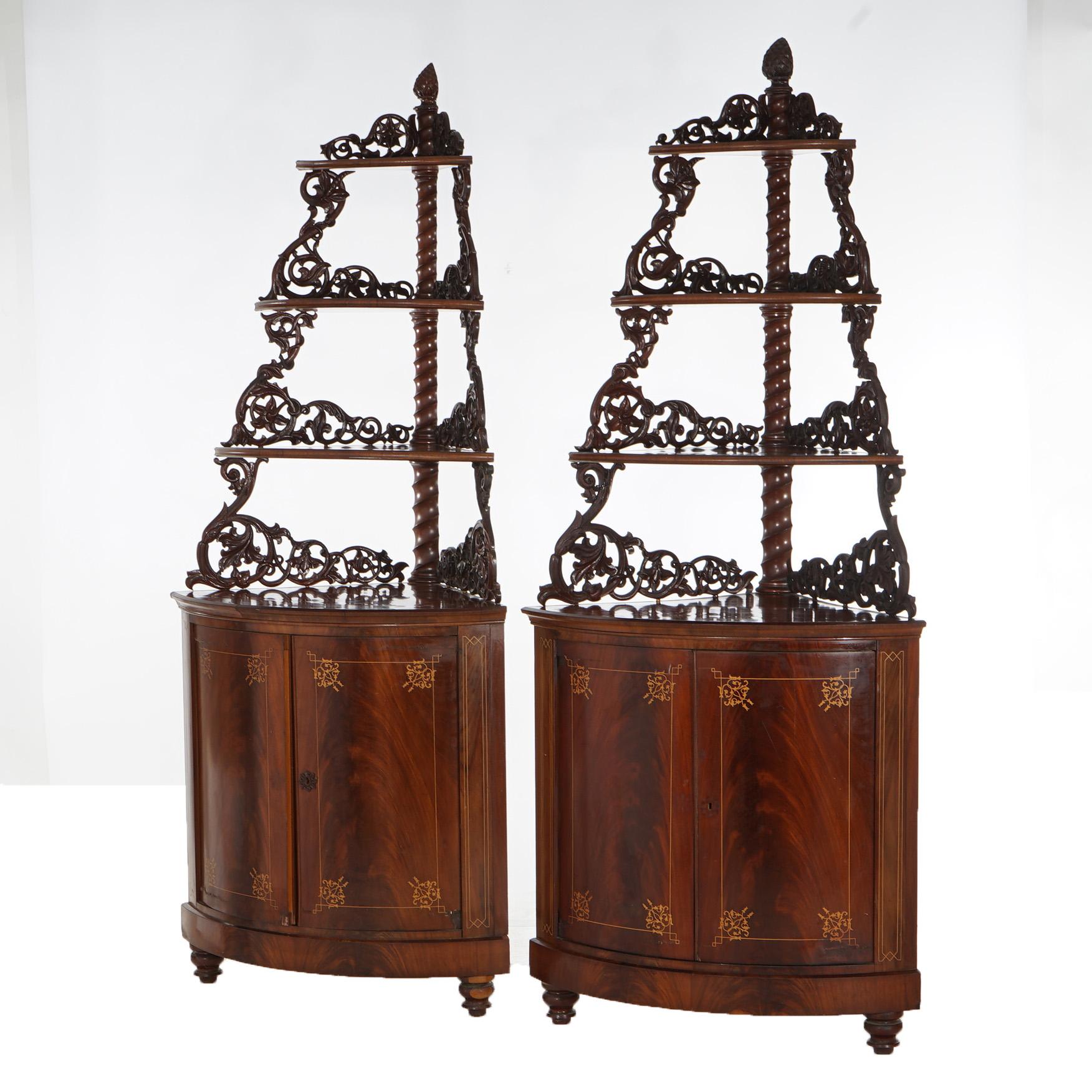 Antique Pair of Mahogany Inlaid, Pierced & Carved Corner Curio Cabinet c1870 For Sale 3