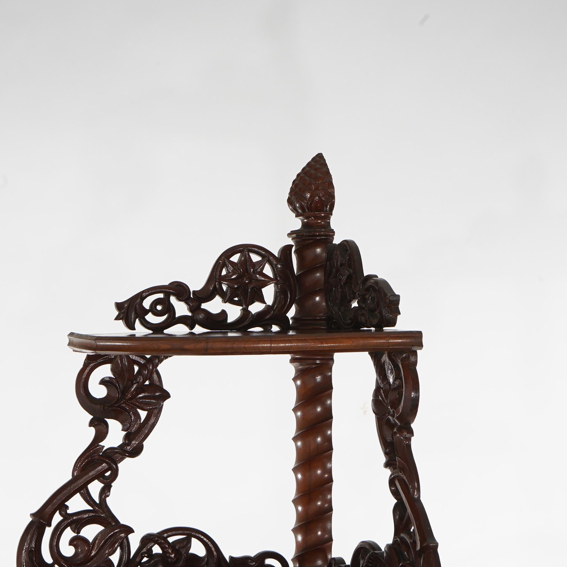 Antique Pair of Mahogany Inlaid, Pierced & Carved Corner Curio Cabinet c1870 For Sale 4