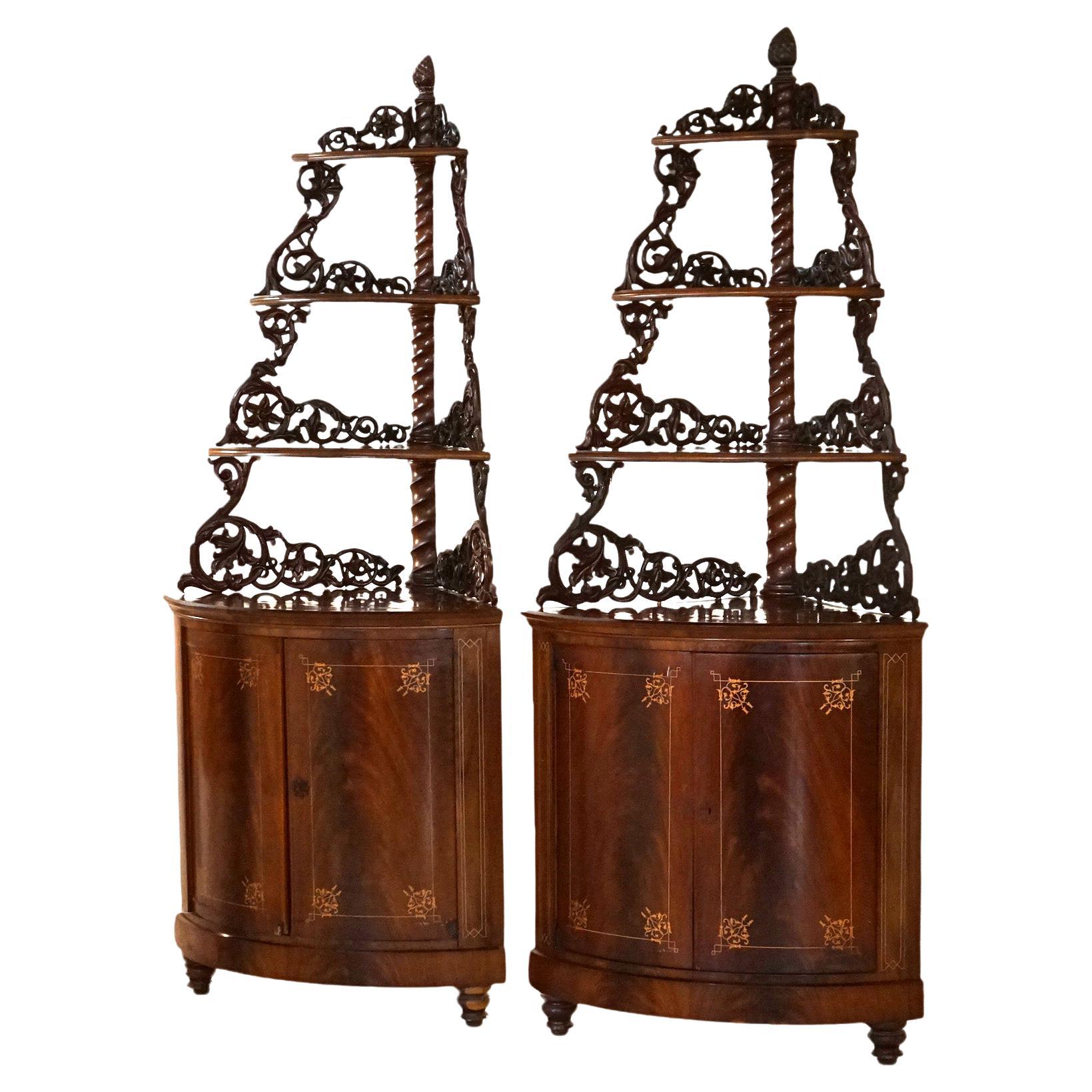 Antique Pair of Mahogany Inlaid, Pierced & Carved Corner Curio Cabinet c1870