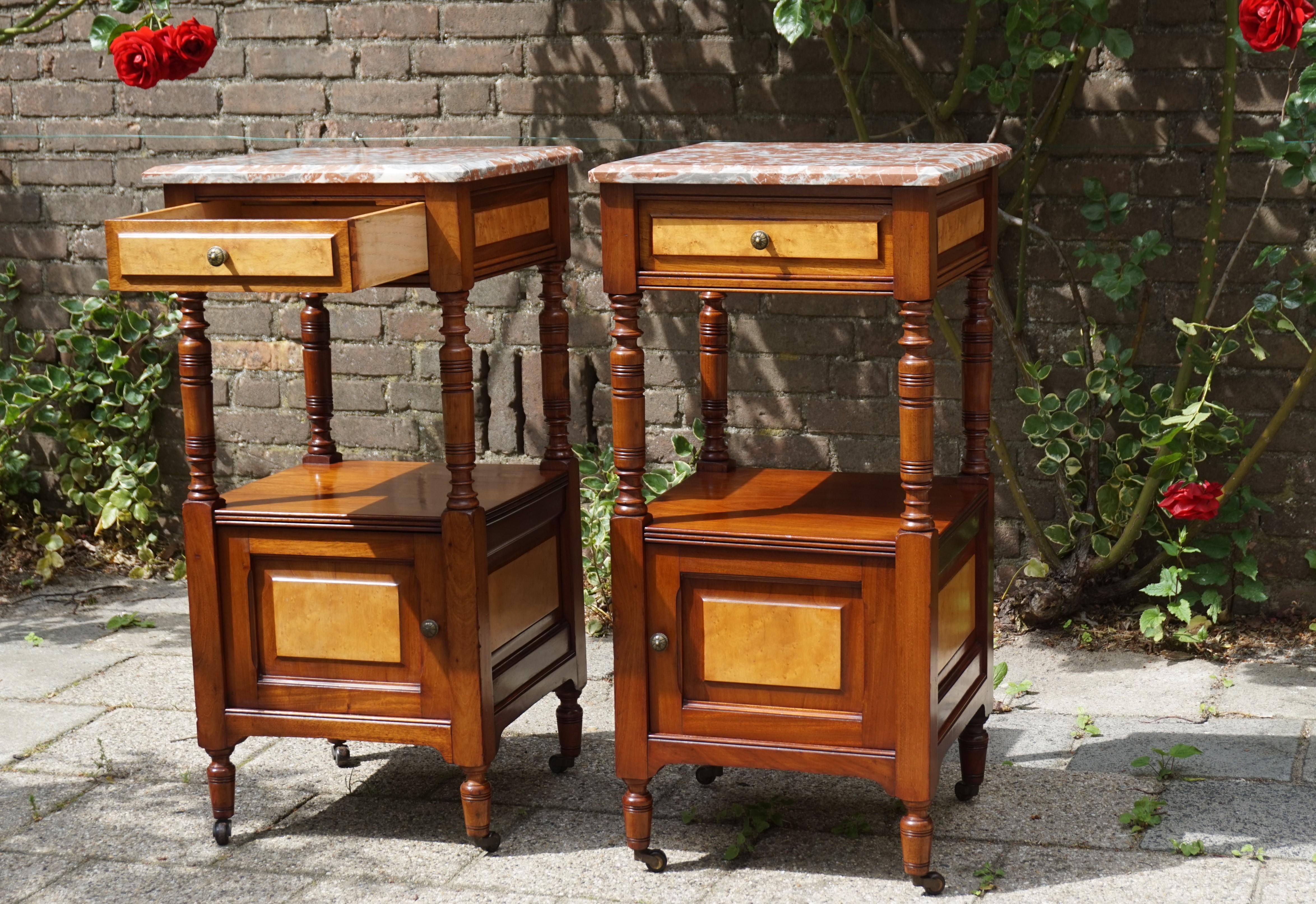 Best quality pair of 19th century bedside cabinets.

Both the quality and the superb condition of these striking nightstands are like an ode to their makers. Mind you, these cabinets are at least 130 years old and they still look riveting. The open