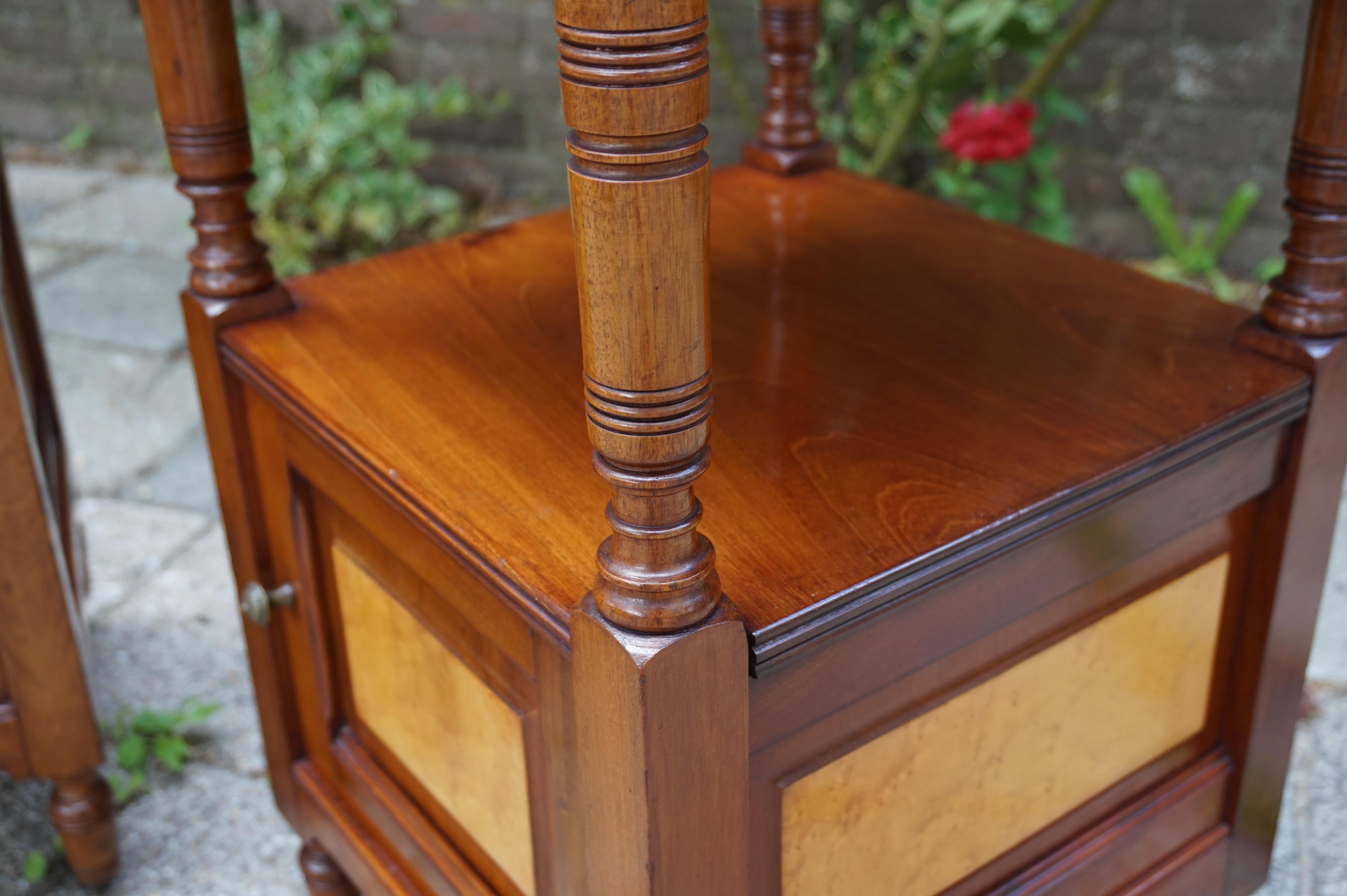 German Antique Pair of Nutwood Nightstands with Bird's-Eye Maple Inlay and Marble Tops