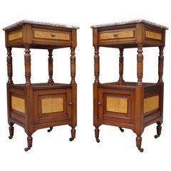 Antique Pair of Nutwood Nightstands with Bird's-Eye Maple Inlay and Marble Tops