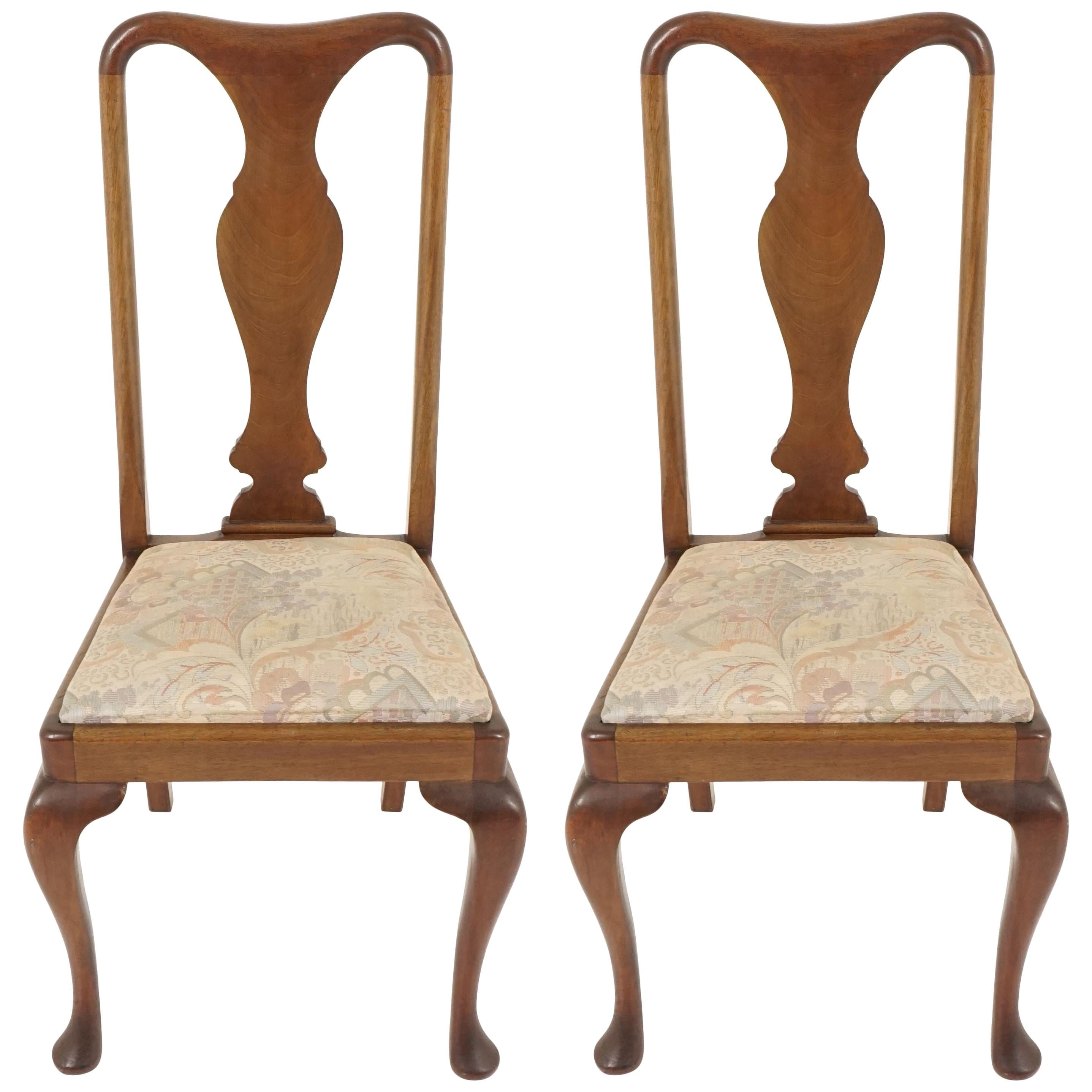 Antique Pair of Mahogany Queen Anne Style Dining Chairs, Scotland 1920, B2167A