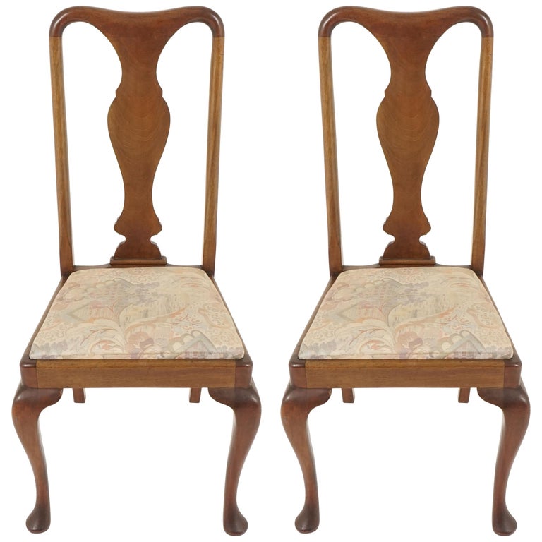 Antique Pair of Mahogany Queen Anne Style Dining Chairs, Scotland 1920