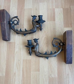 Antique Pair of Male Guard Bronze Wall Sconces / Light Fixtures