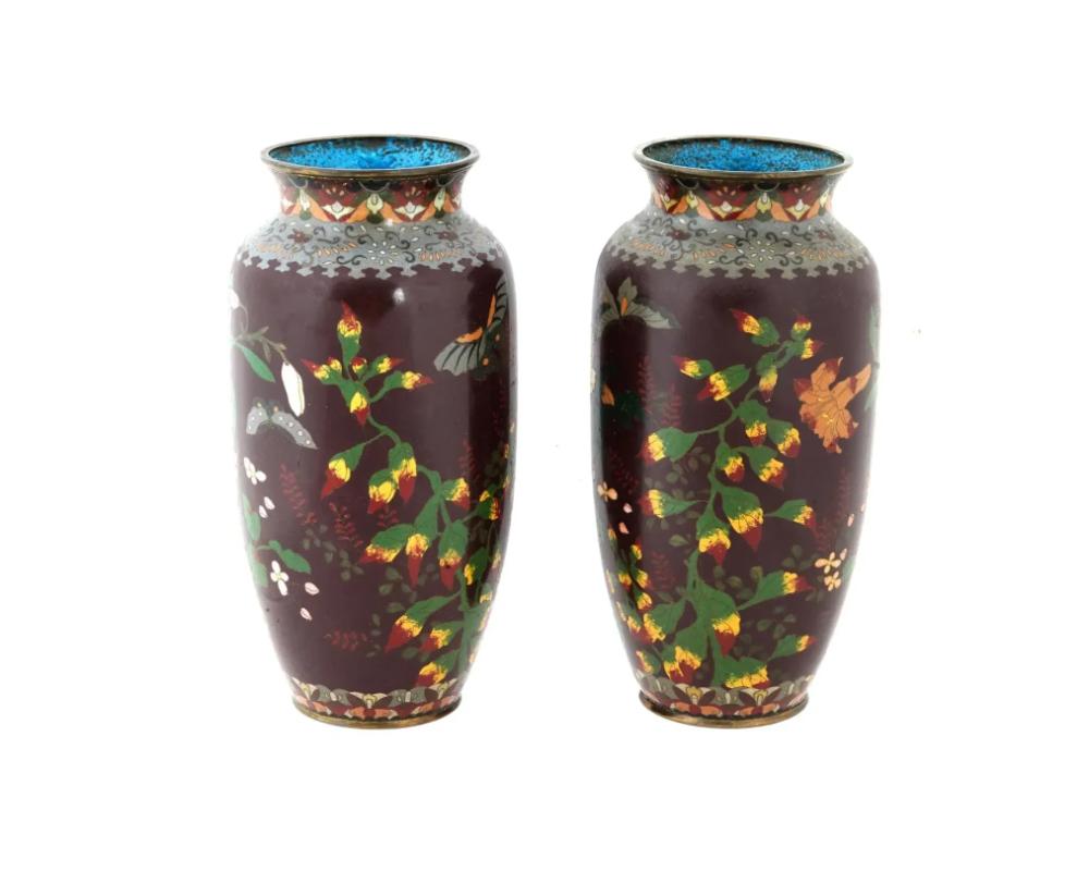 Meiji Antique Pair of Maroon Japanese Cloisonne Enamel Vases For Sale